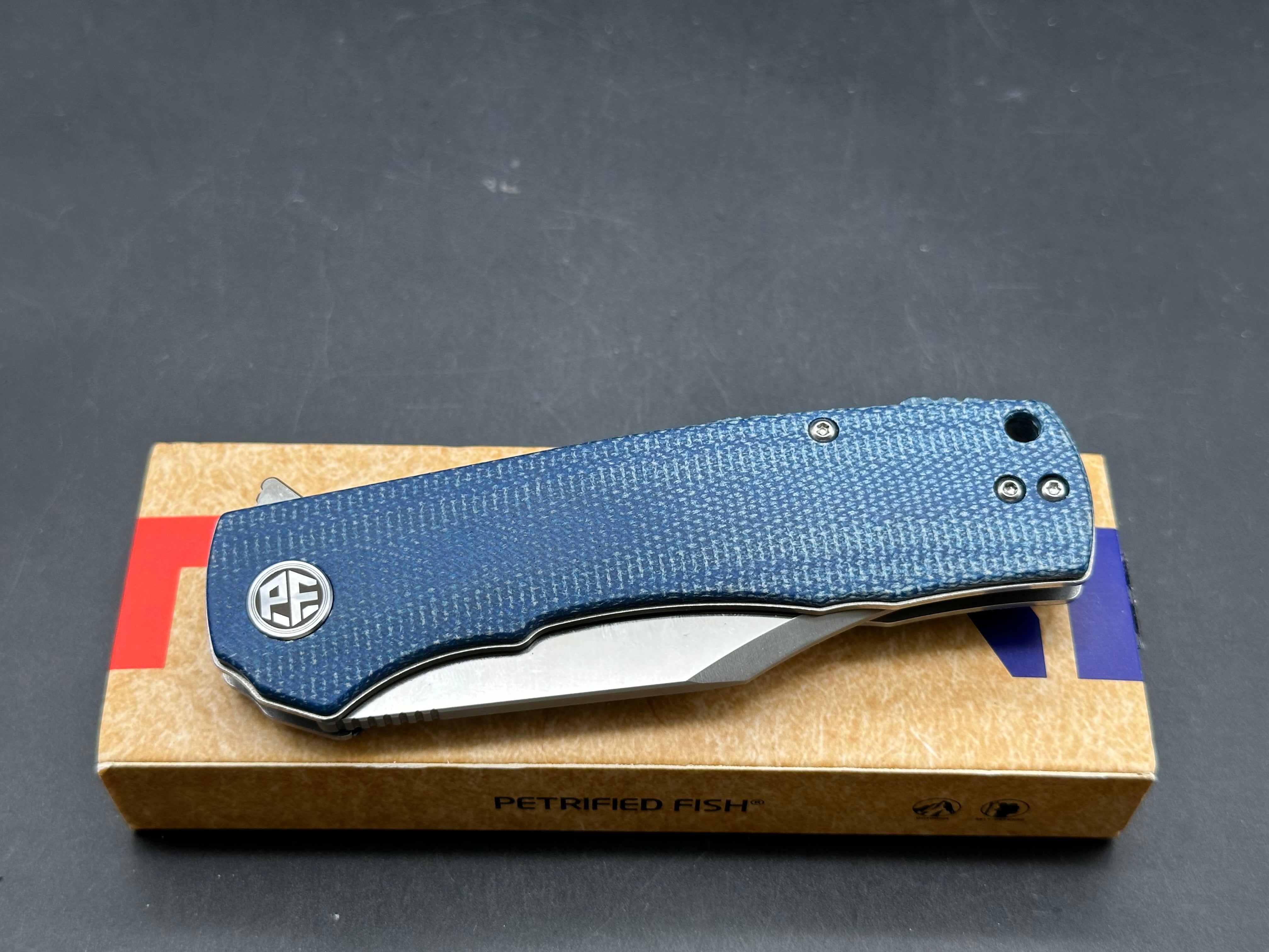 Petrified Fish PFP03 Victor 3.58" K110 Satin Blade Blue Micarta Handle Flipper