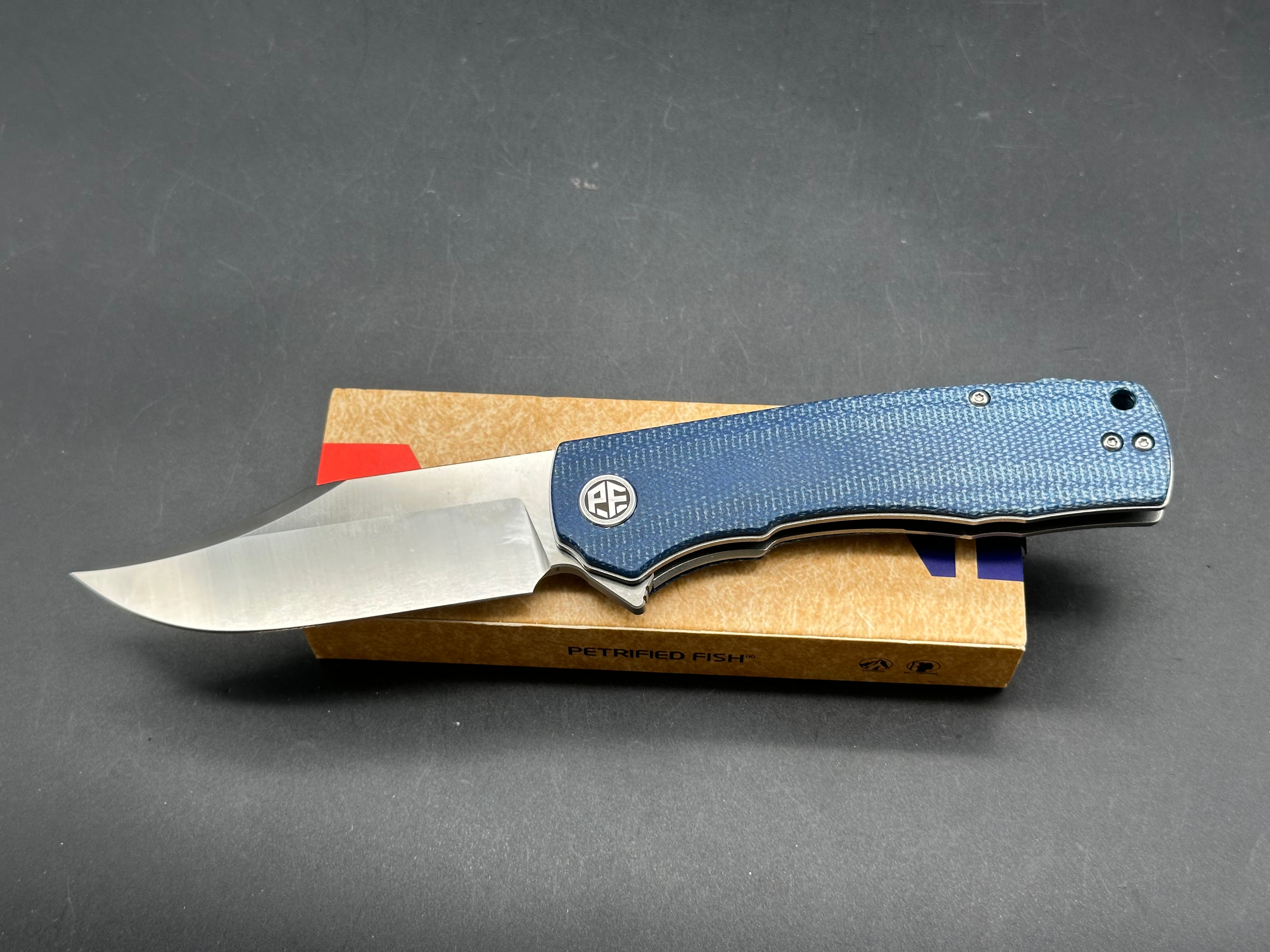 Petrified Fish PFP03 Victor 3.58" K110 Satin Blade Blue Micarta Handle Flipper