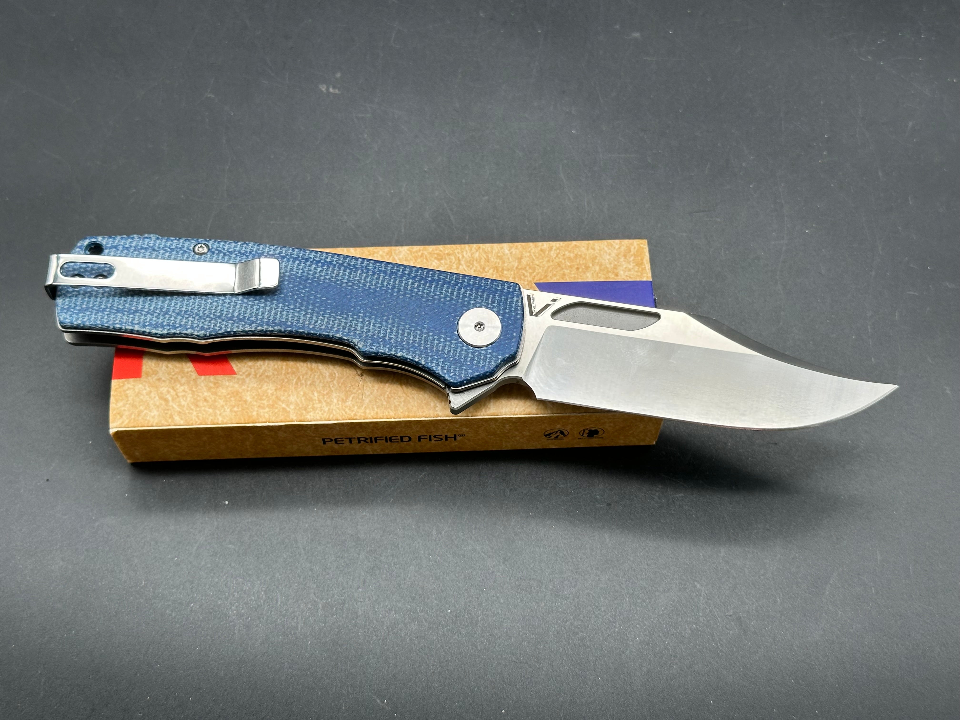 Petrified Fish PFP03 Victor 3.58" K110 Satin Blade Blue Micarta Handle Flipper