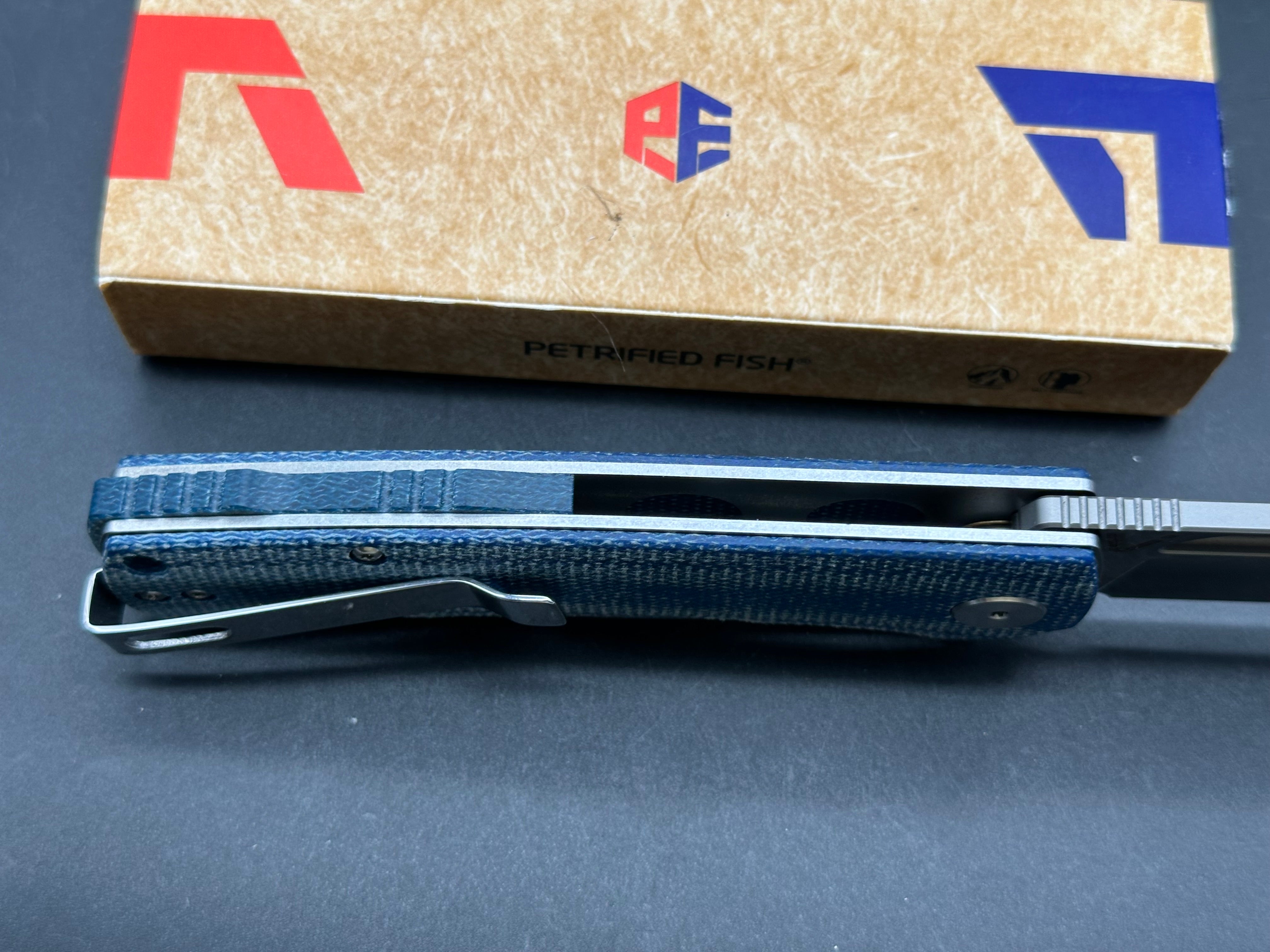 Petrified Fish PFP03 Victor 3.58" K110 Satin Blade Blue Micarta Handle Flipper
