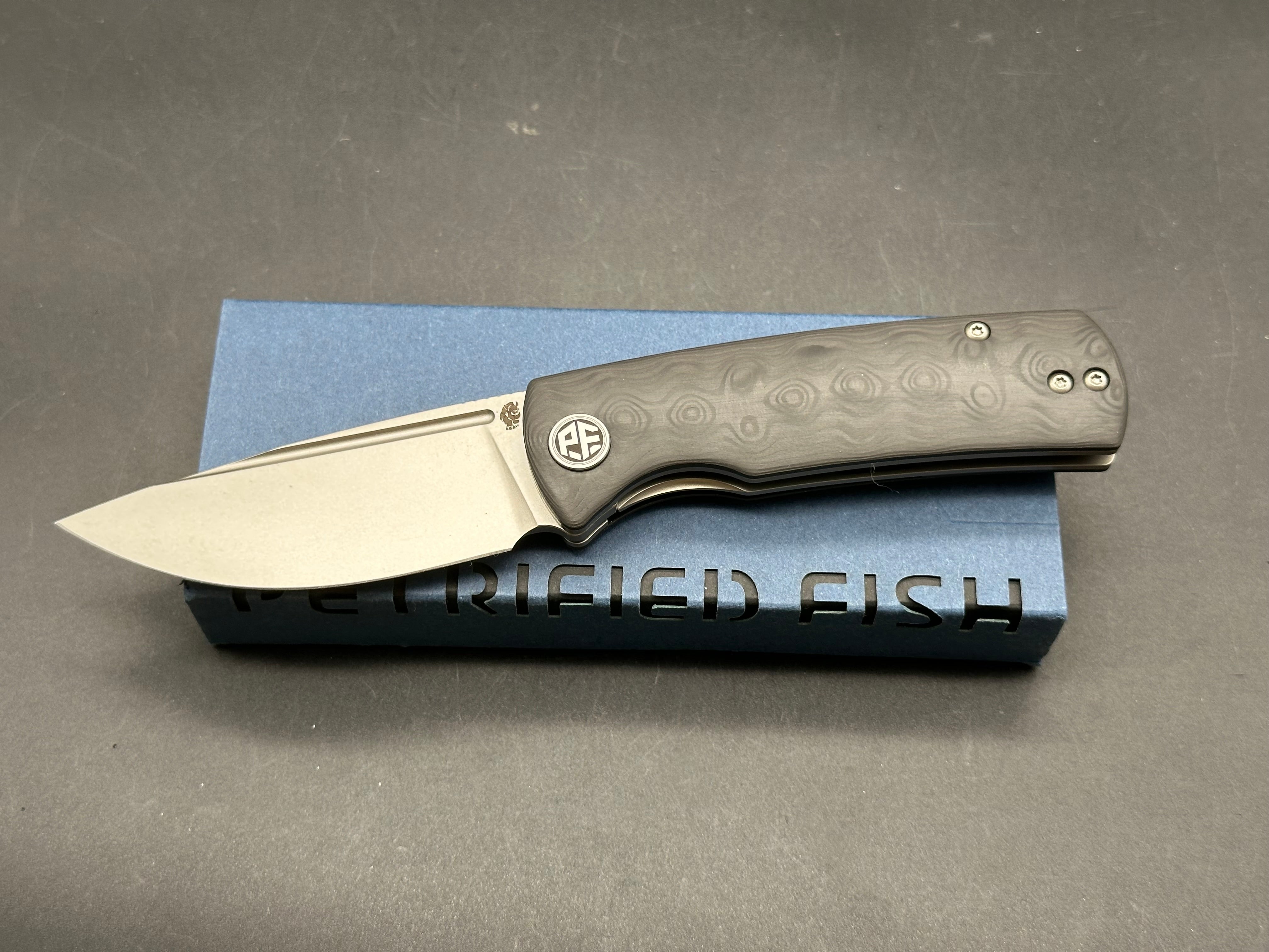 Petrified Fish Mini Beluga 2.99" 14C28N Blade Carbon Fiber Handle Front Flipper Liner lock Folding knife