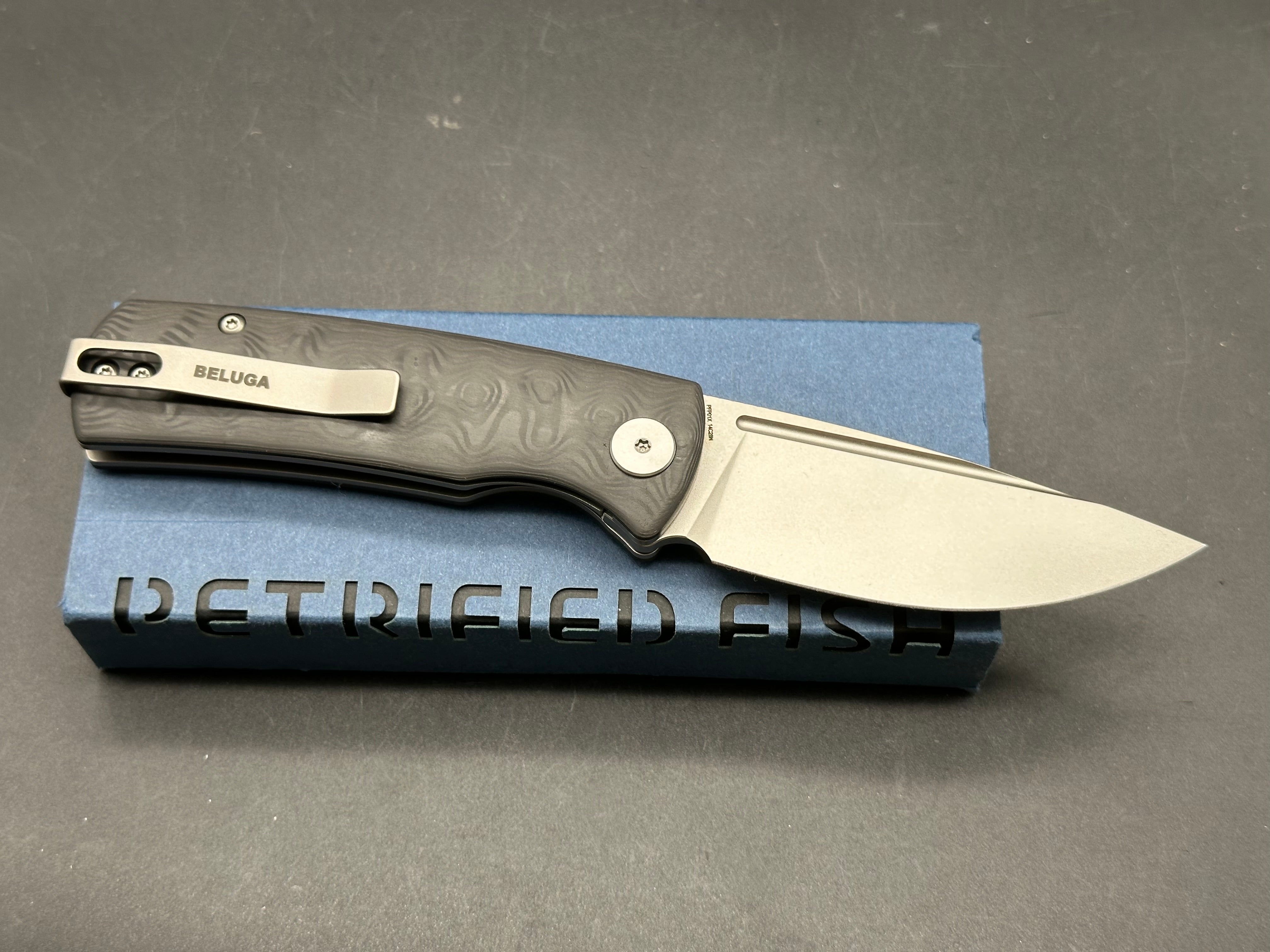 Petrified Fish Mini Beluga 2.99" 14C28N Blade Carbon Fiber Handle Front Flipper Liner lock Folding knife