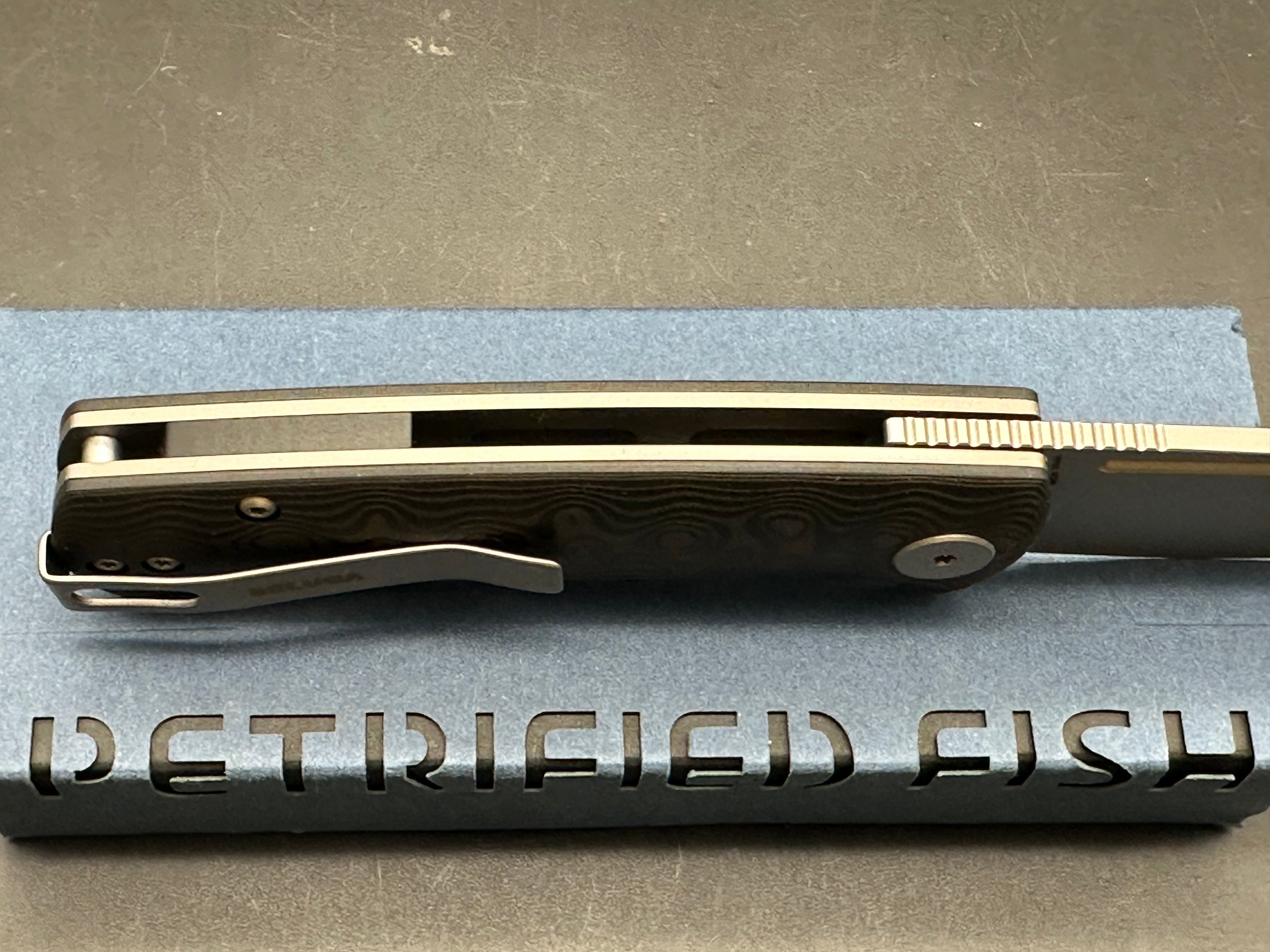 Petrified Fish Mini Beluga 2.99" 14C28N Blade Carbon Fiber Handle Front Flipper Liner lock Folding knife