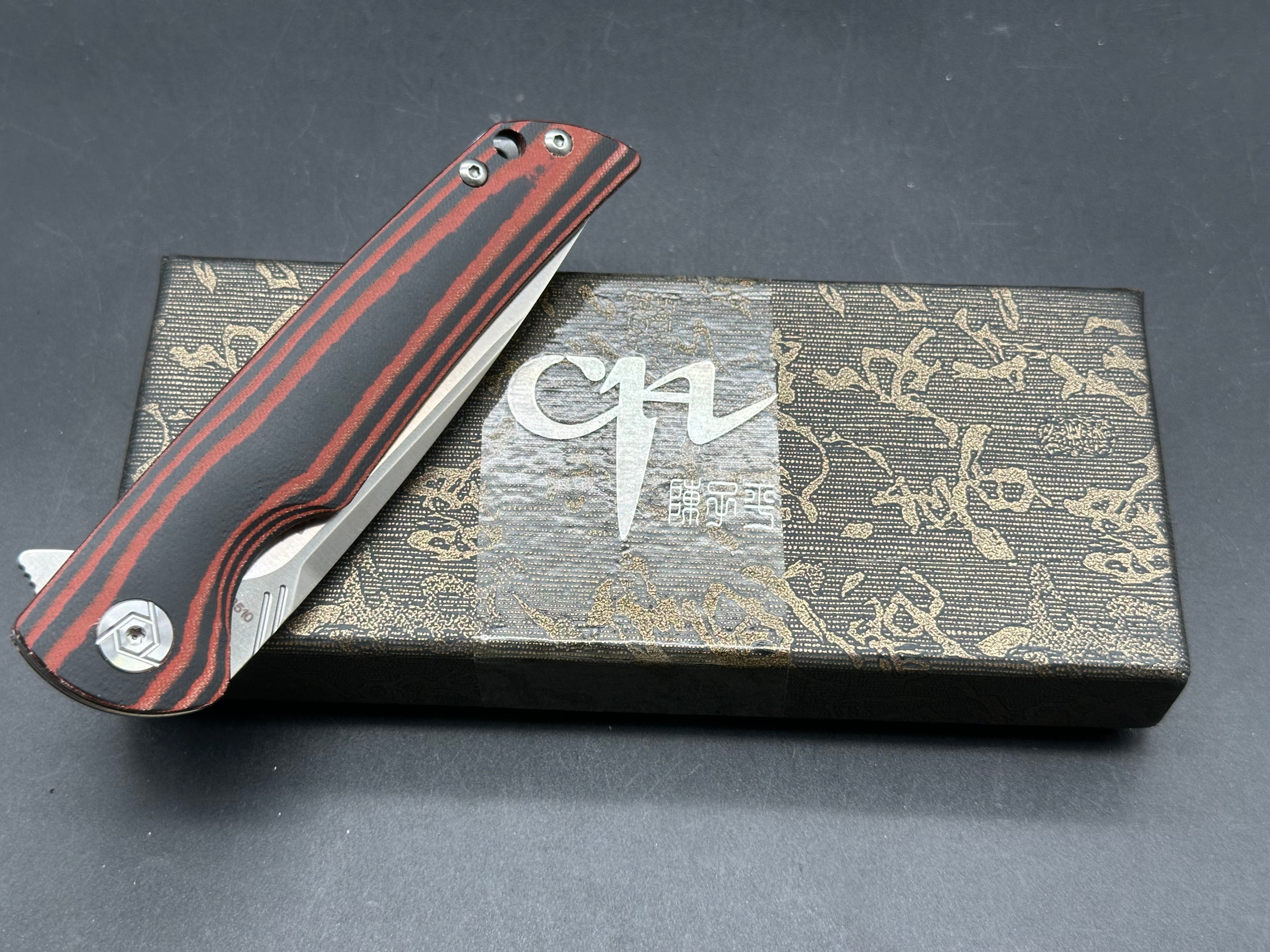 CH KNIVES CH3510 FOLDING KNIFE BLACK/RED MICARTA HANDLE D2