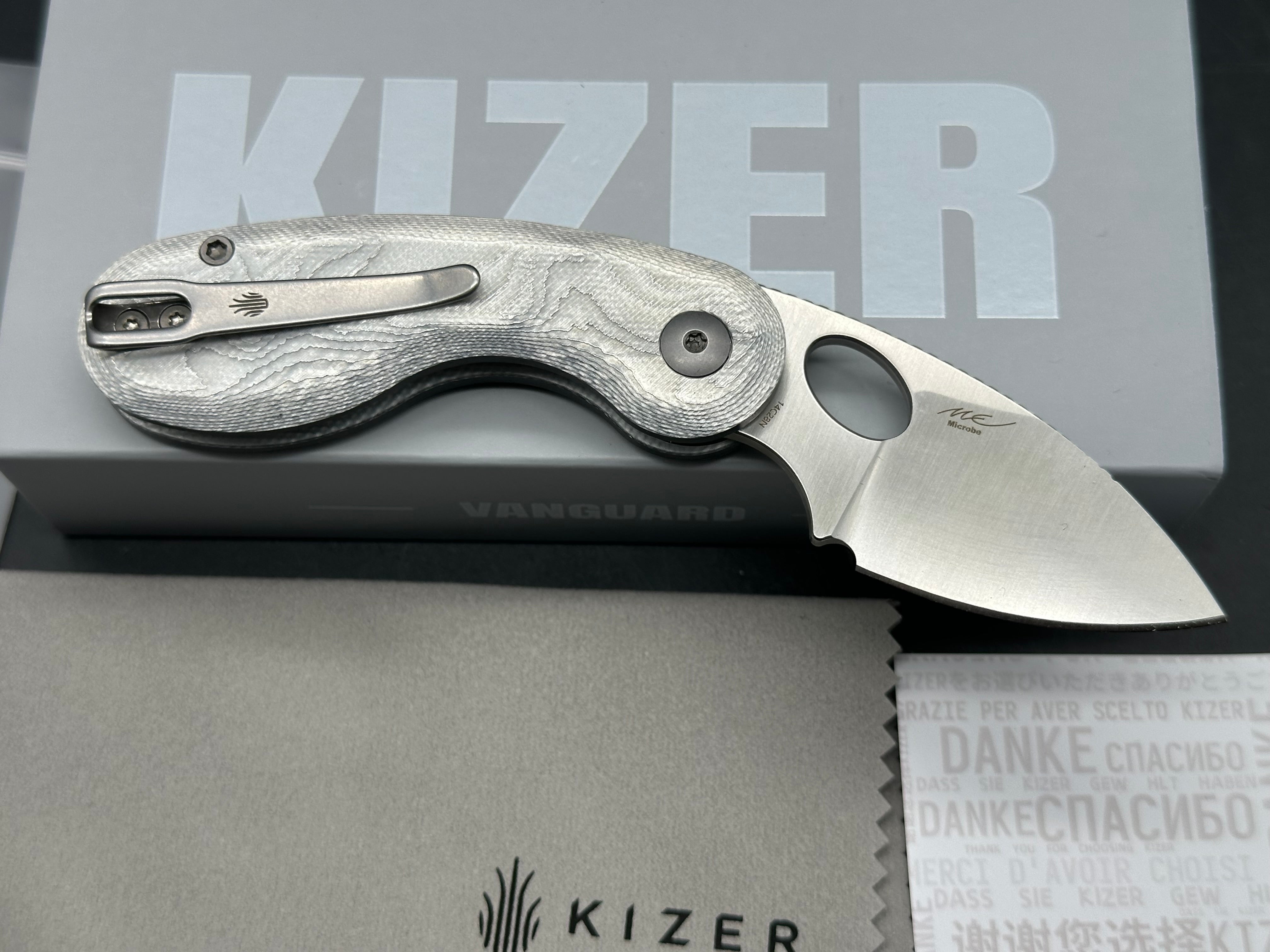 KIZER MICROBE ALUMINUM FOIL G10 HANDLE 14C28N PLAIN EDGE DROP POINT PLAIN EDGE