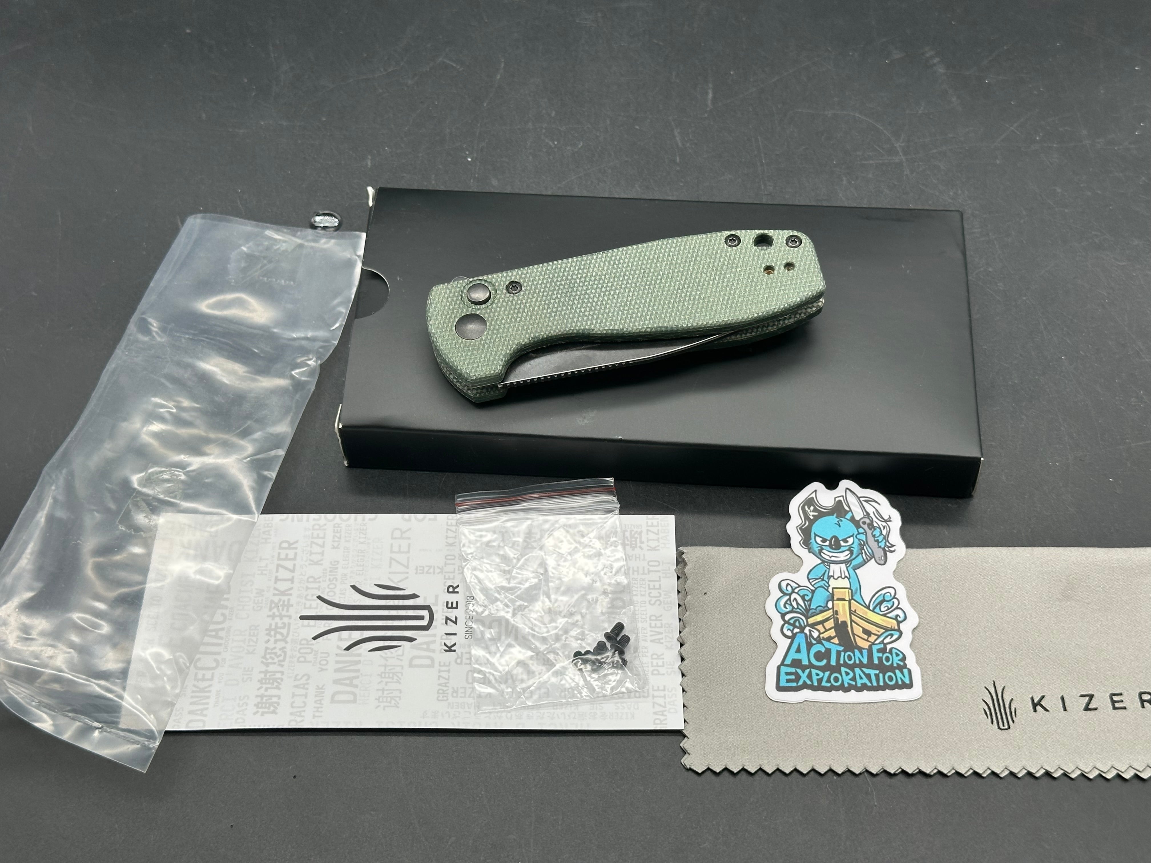 KIZER AMICUS GREEN MICARTA HANDLE 9CR18MOV BLACK BLADE