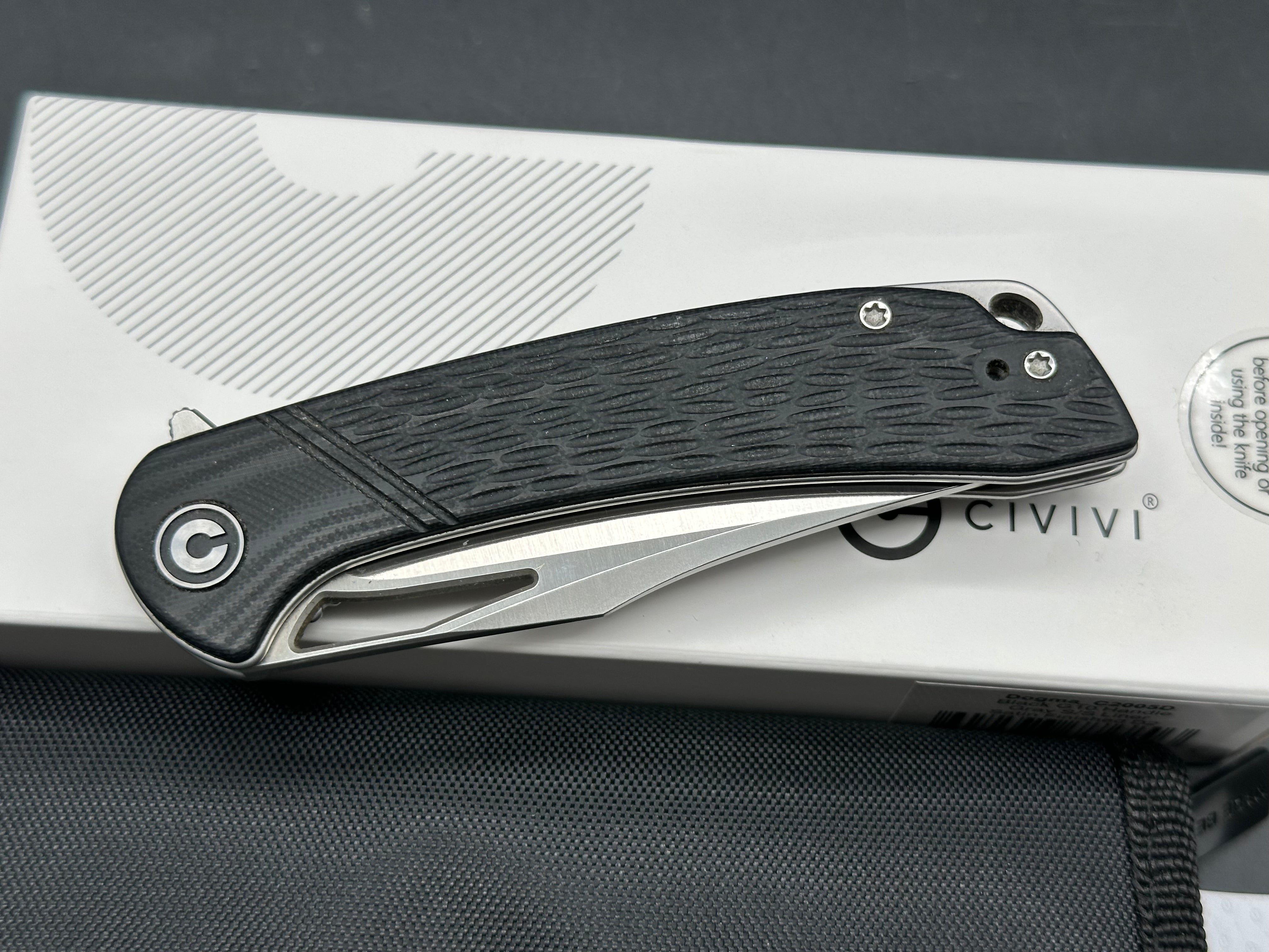 CIVIVI BLACK DOGMA FLIPPER KNIFE, SATIN D2 CLIP POINT BLADE