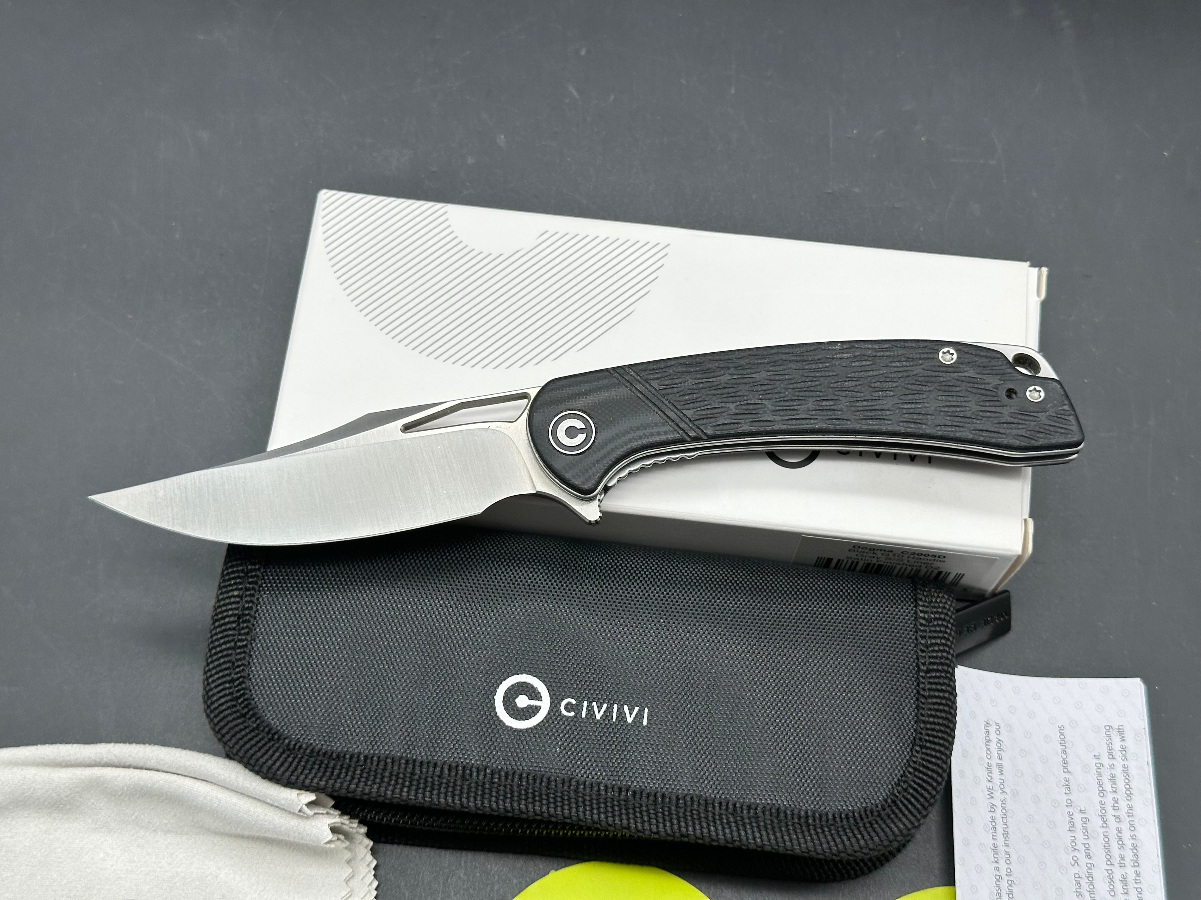 CIVIVI BLACK DOGMA FLIPPER KNIFE, SATIN D2 CLIP POINT BLADE