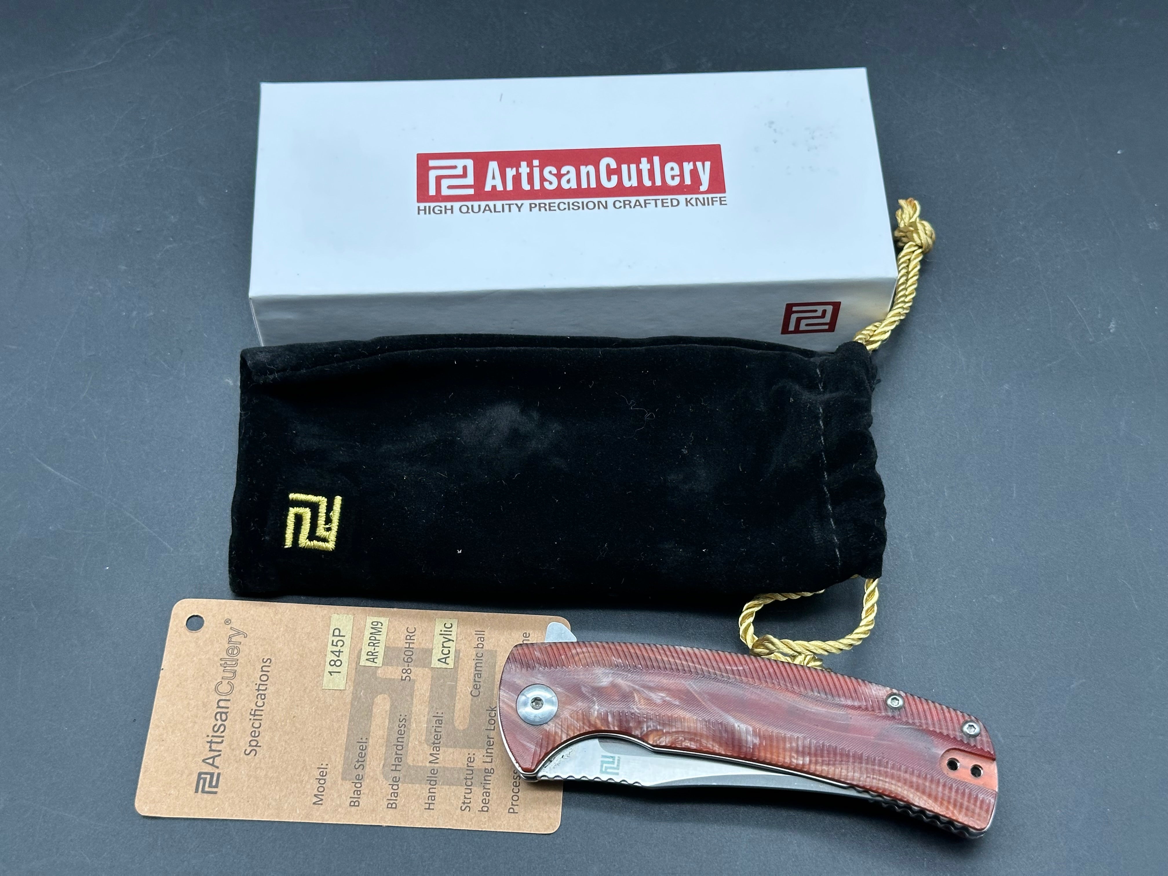 Artisan Cutlery Arroyo model 1845p, AR-RPM9 steel, acrylic red handles mars knife