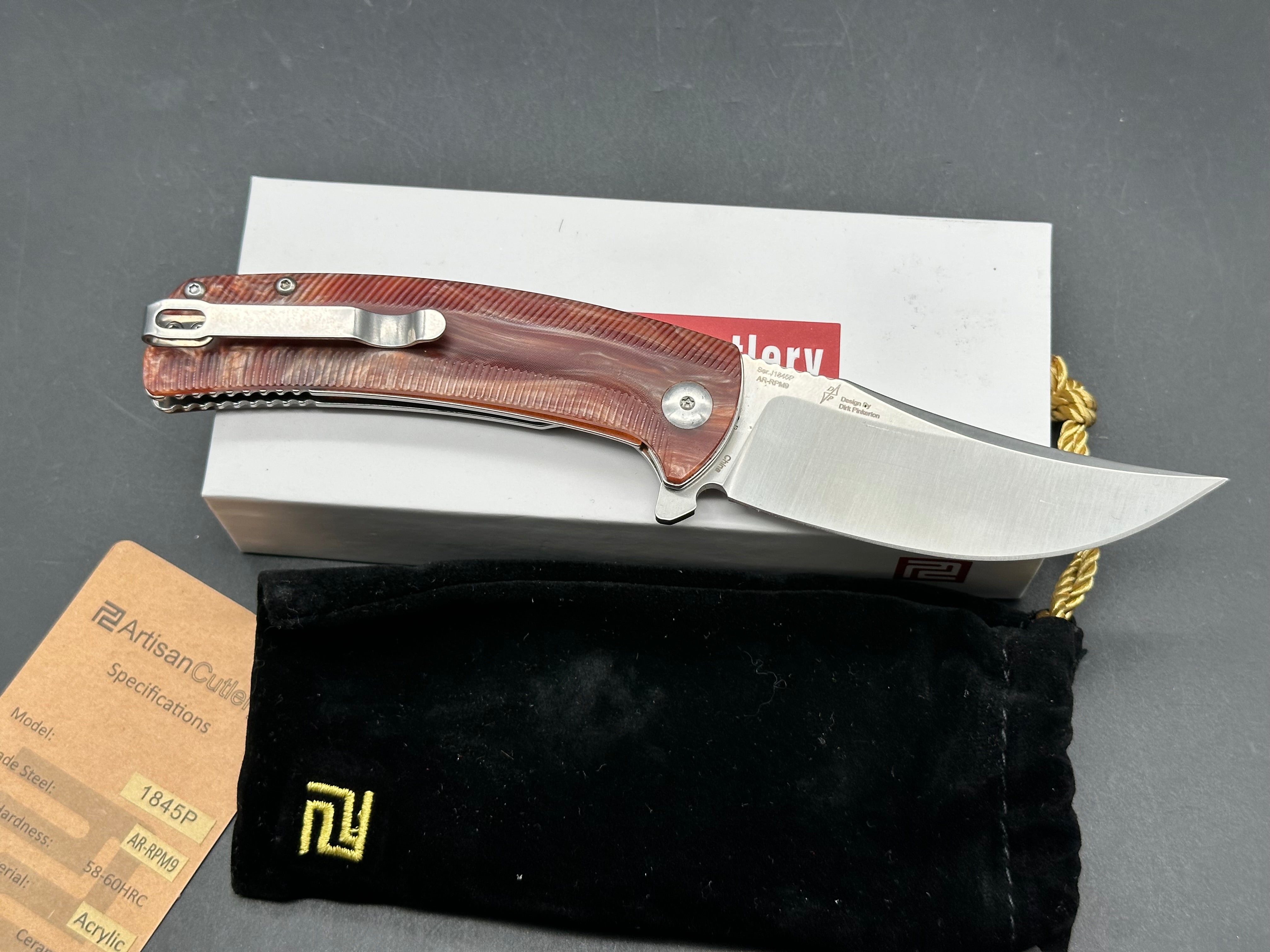 Artisan Cutlery Arroyo model 1845p, AR-RPM9 steel, acrylic red handles mars knife