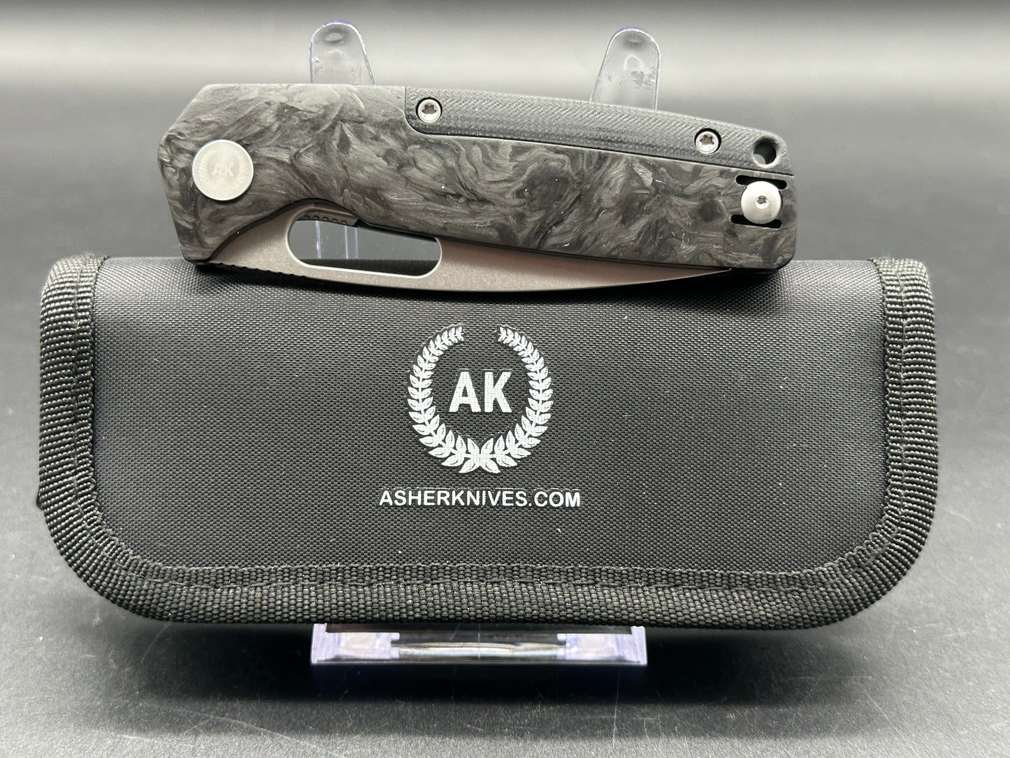 Asher Spiro BS 3.2" S90V Stonewash Blade with Carbon FIber & Black G10 Handle