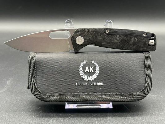 Asher Spiro BS 3.2" S90V Stonewash Blade with Carbon FIber & Black G10 Handle