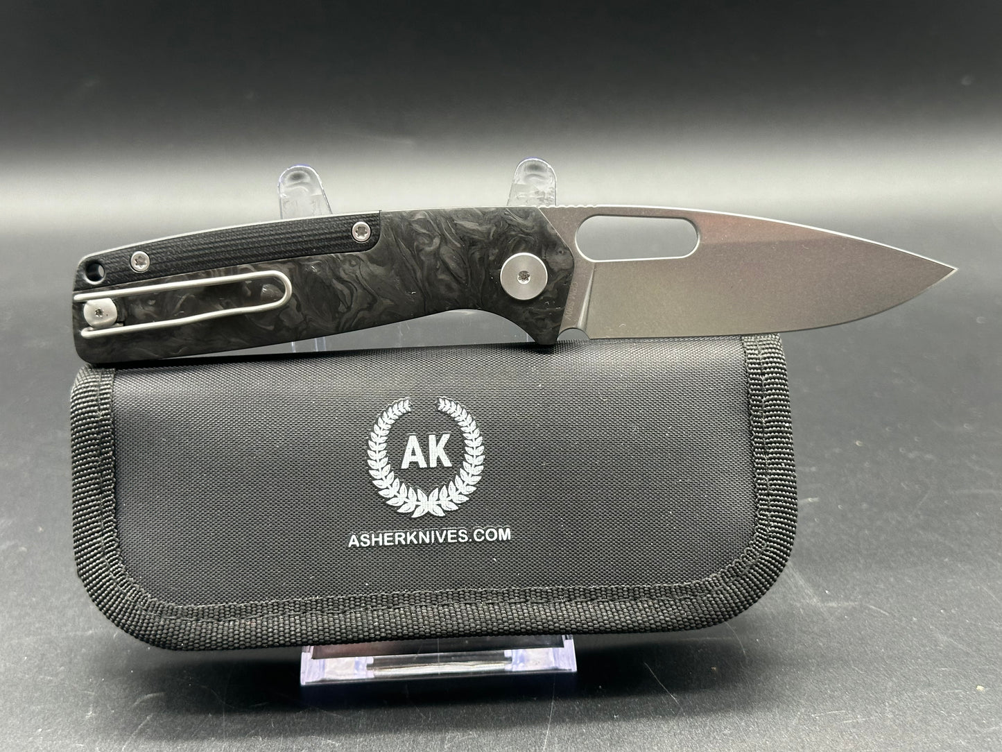 Asher Spiro BS 3.2" S90V Stonewash Blade with Carbon FIber & Black G10 Handle