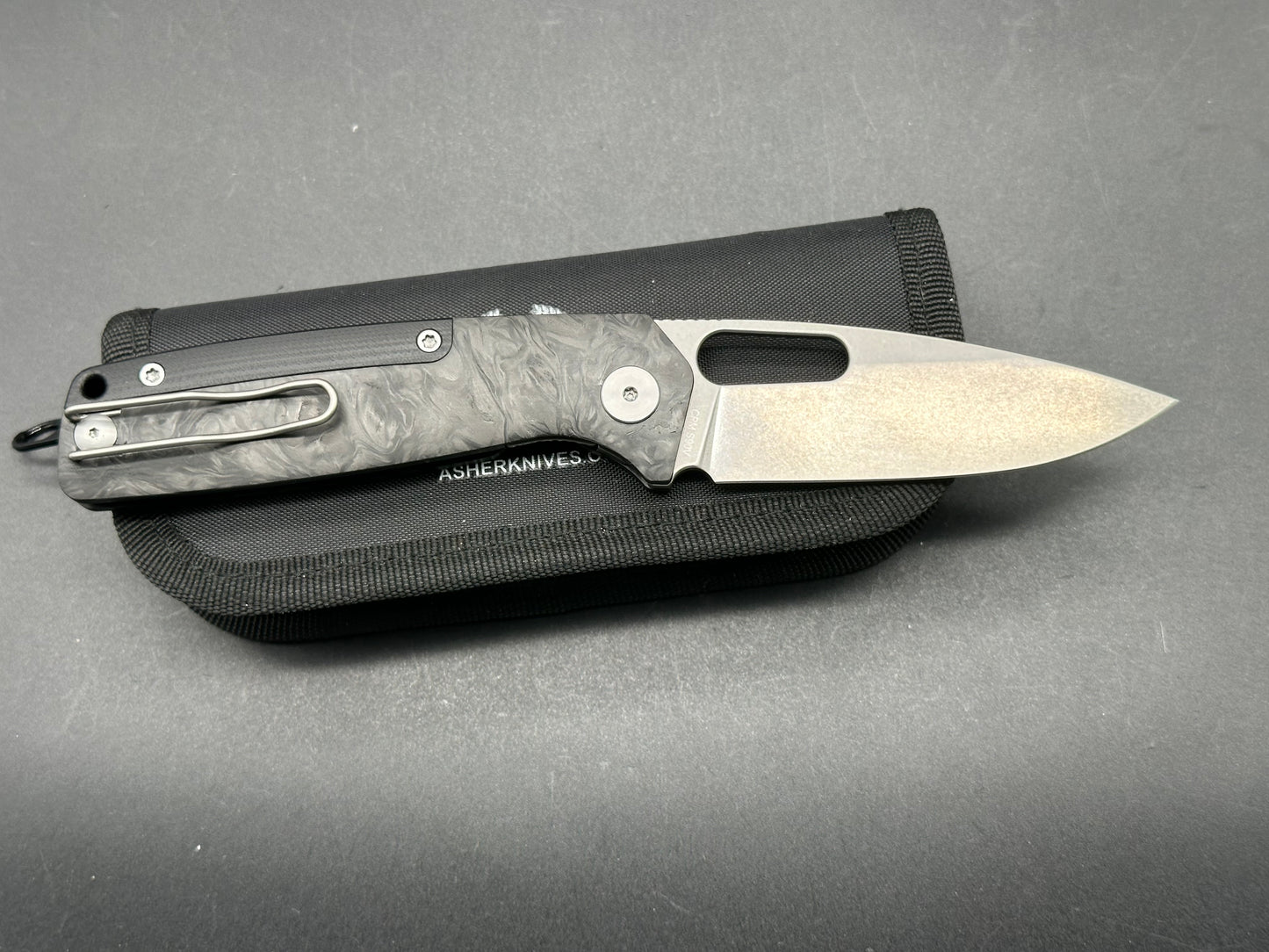 Asher Spiro BS 3.2" S90V Stonewash Blade with Carbon FIber & Black G10 Handle