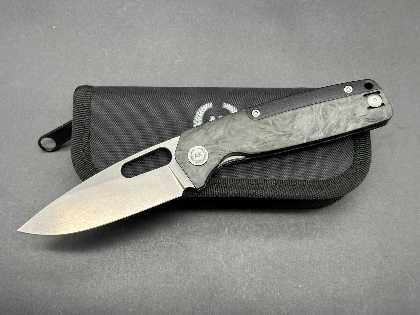 Asher Spiro BS 3.2" S90V Stonewash Blade with Carbon FIber & Black G10 Handle