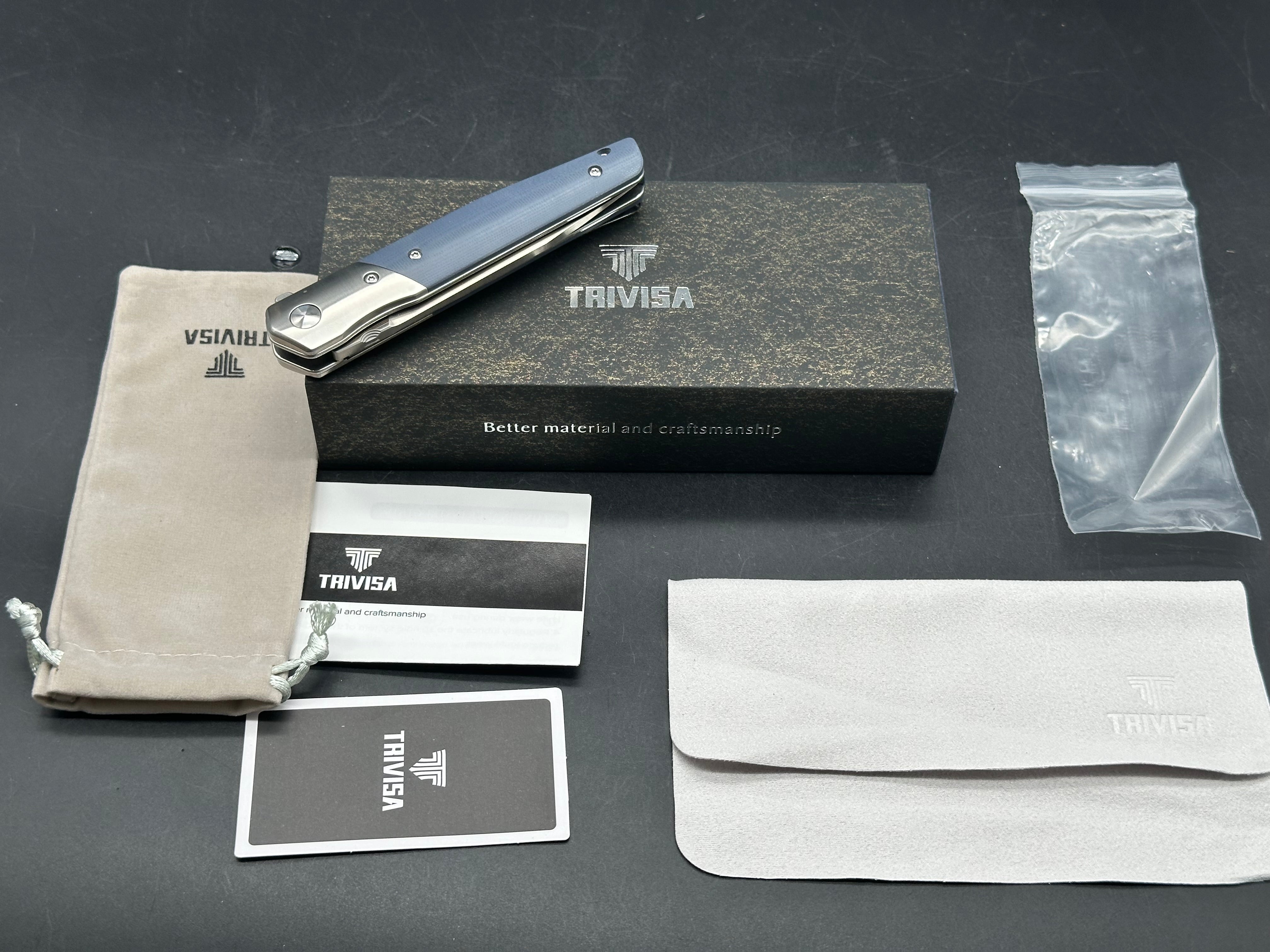TRIVISA LEOMINOR-03G FOLDING KNIFE BLUE G10 HANDLE K110 PLAIN EDGE SATIN FINISH