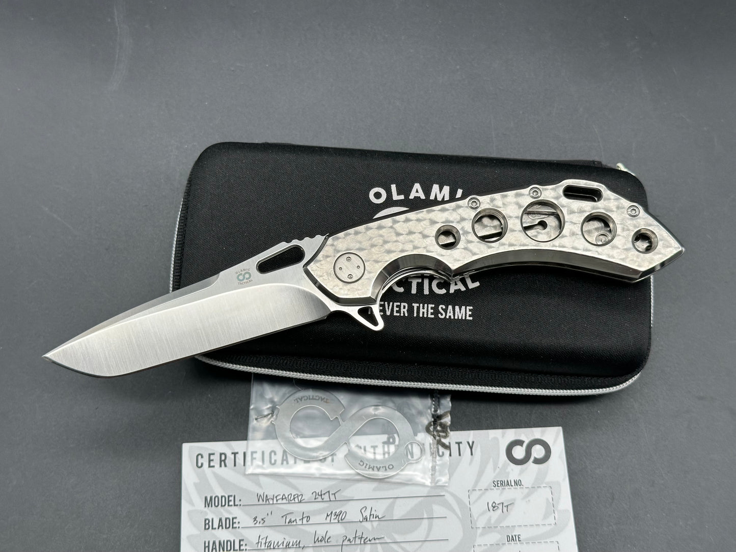 Olamic Tactical Wayfarer 247T  3.5” Tanto M390 satin blade, Titanium handle (all jeweled finish)