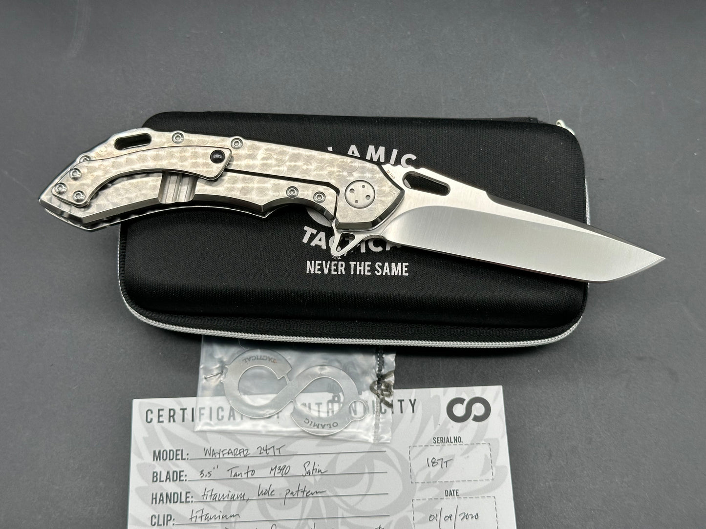 Olamic Tactical Wayfarer 247T  3.5” Tanto M390 satin blade, Titanium handle (all jeweled finish)