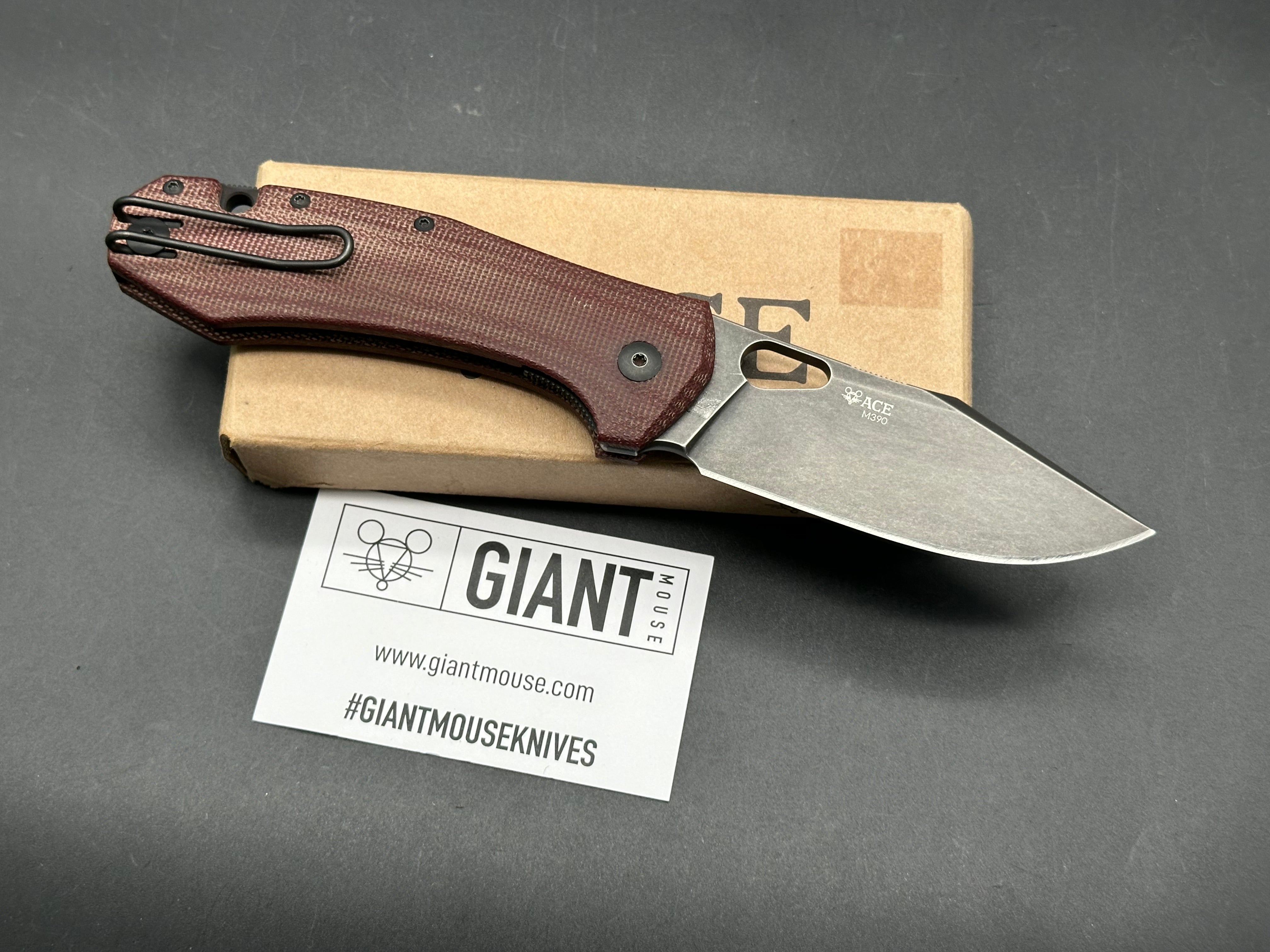 Giant Mouse Ace Grand M390 blade canvas red micarta scales