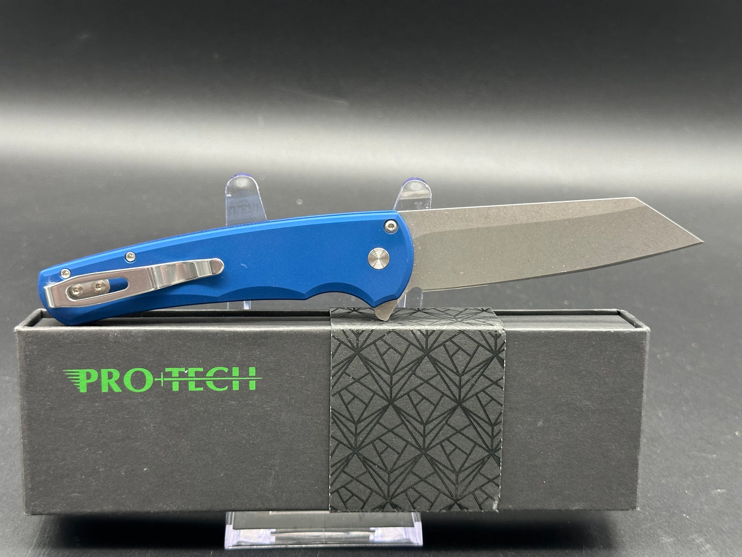 Protech Malibu - Blue handle, stonewash finish 20CV reverse tanto