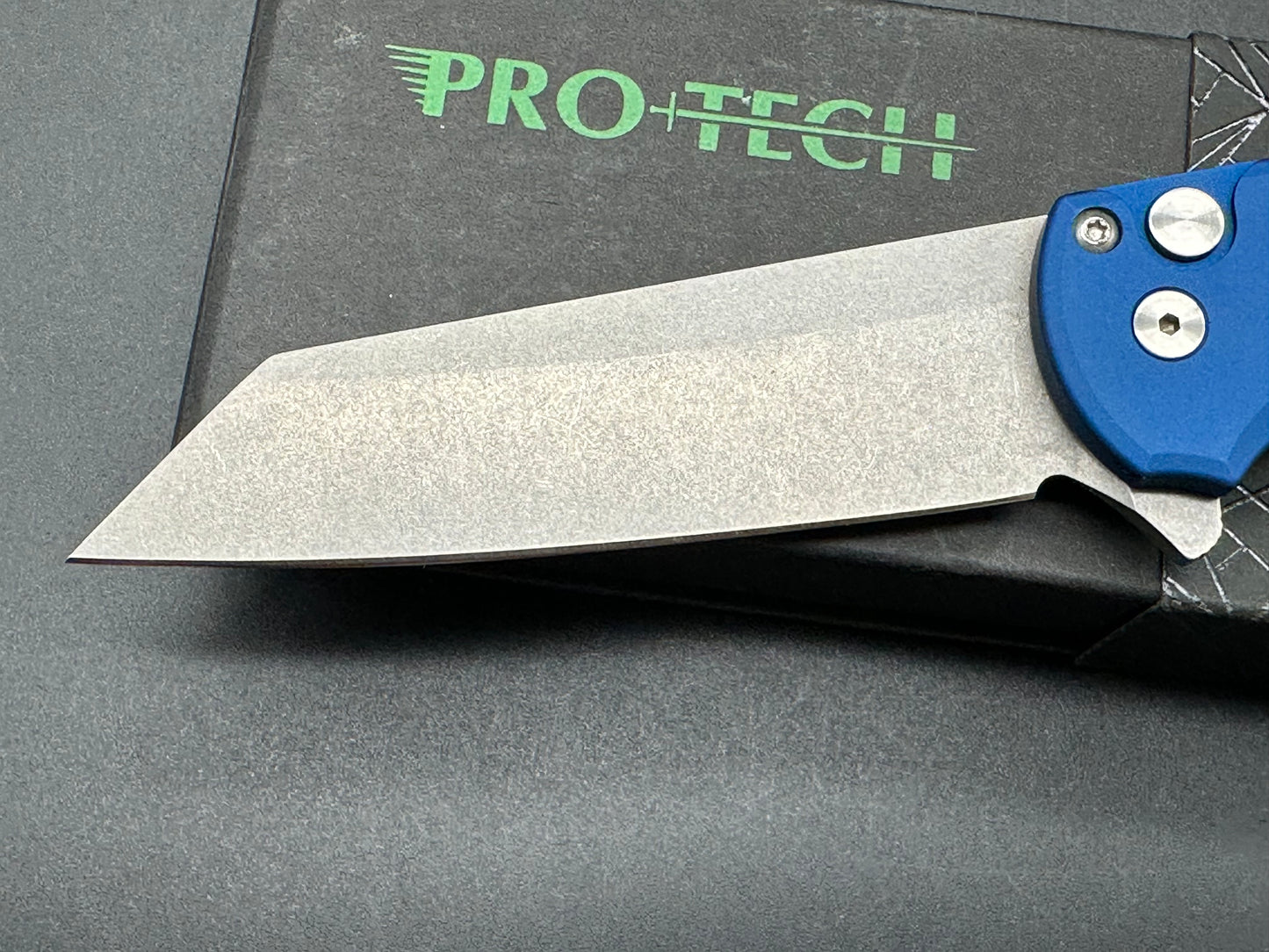 Protech Malibu - Blue handle, stonewash finish 20CV reverse tanto