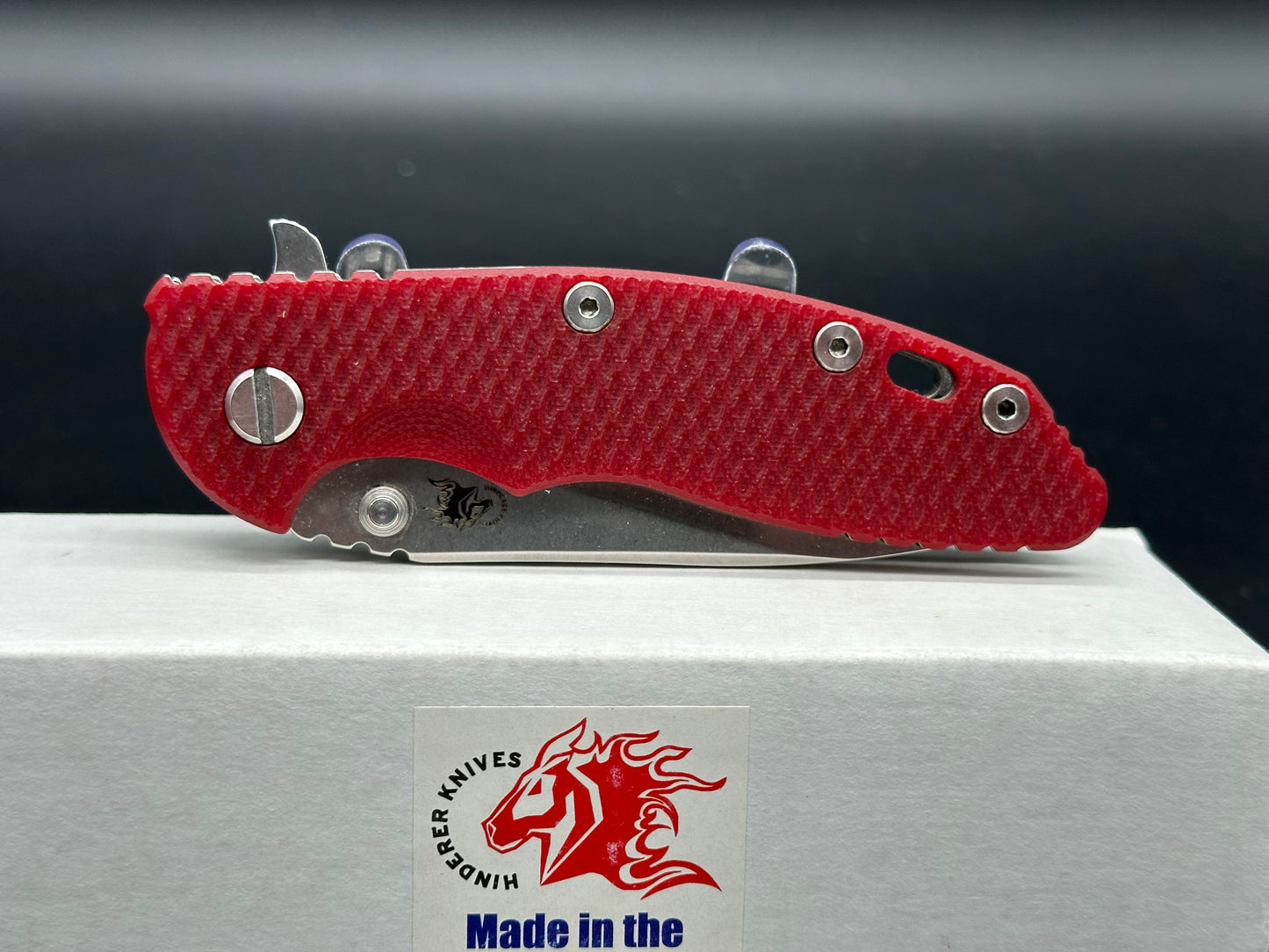 Hinderer XM-18 3.5” Slicer Tri-Way stonewash CPM-20CV, Red G10. includes extra scales