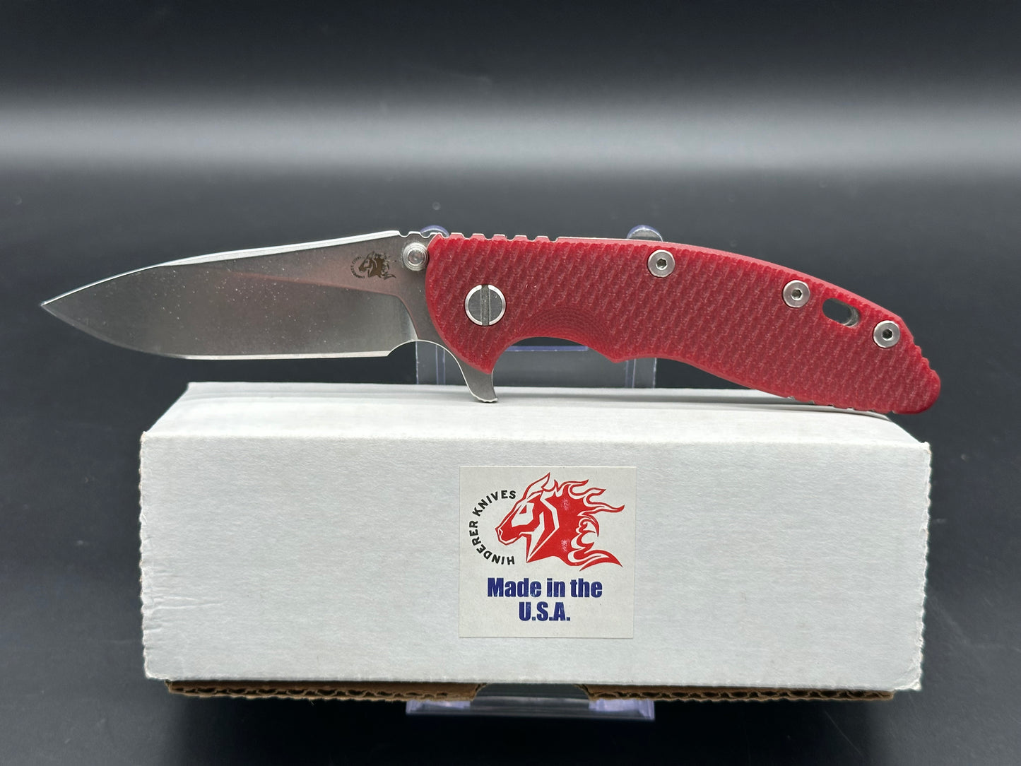 Hinderer XM-18 3.5” Slicer Tri-Way stonewash CPM-20CV, Red G10. includes extra scales