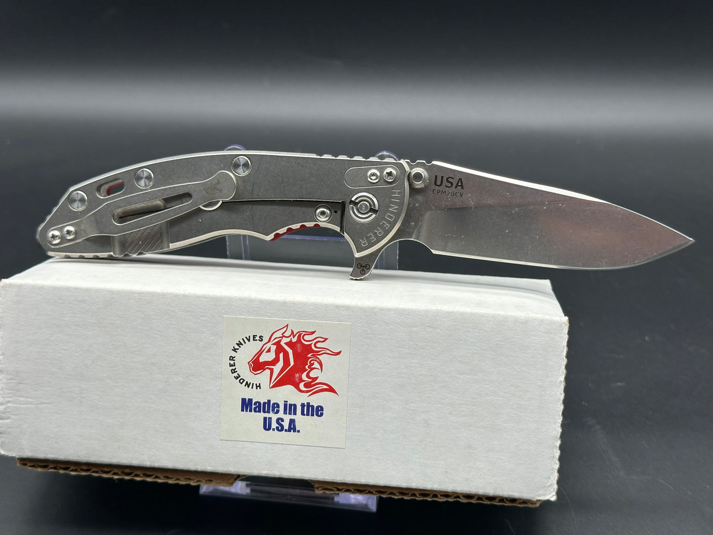 Hinderer XM-18 3.5” Slicer Tri-Way stonewash CPM-20CV, Red G10. includes extra scales