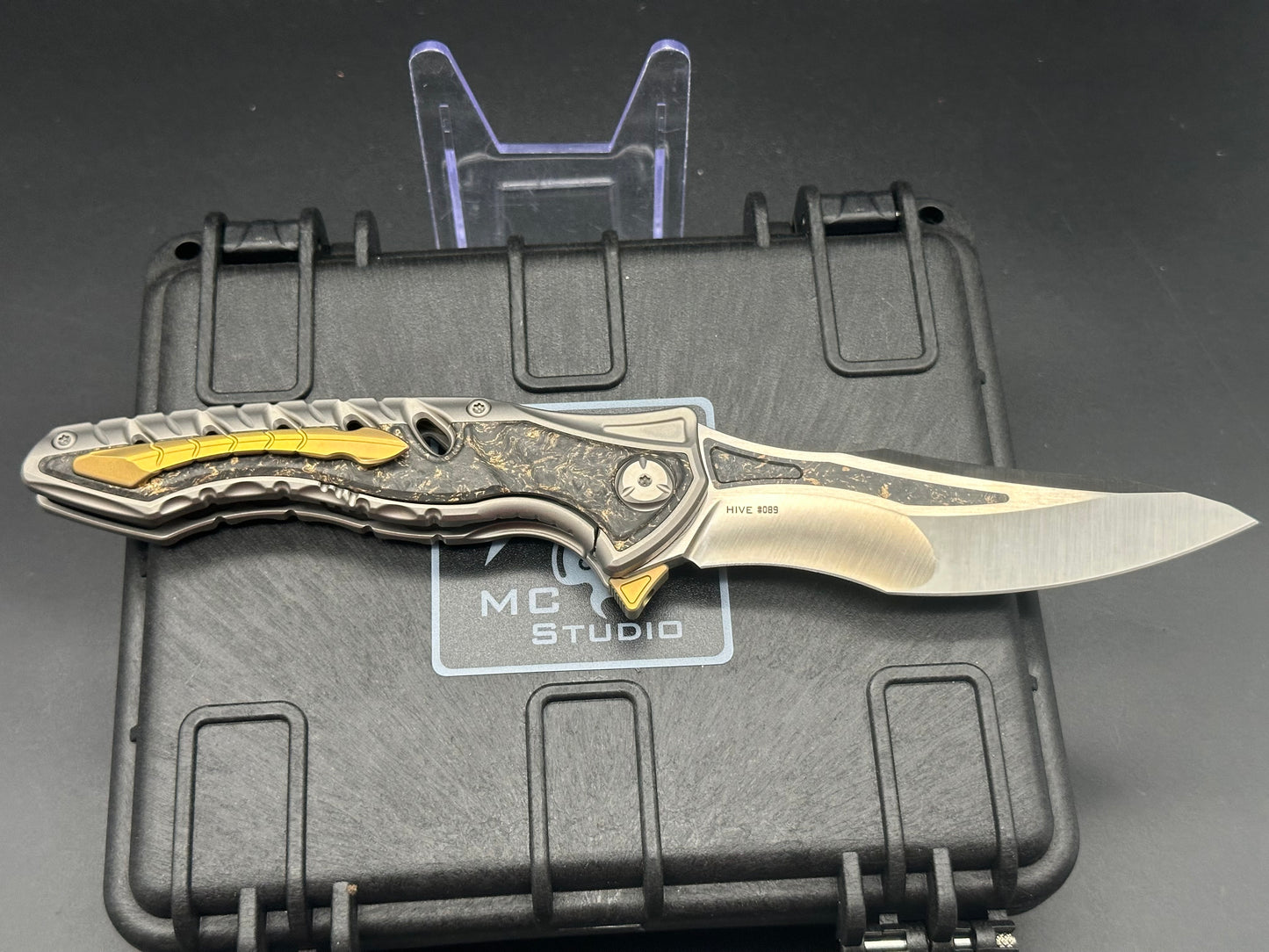 Maxace Knives Hive Frame Lock Knife Gold Marble CF (4.25" Satin w/ CF Inlay)