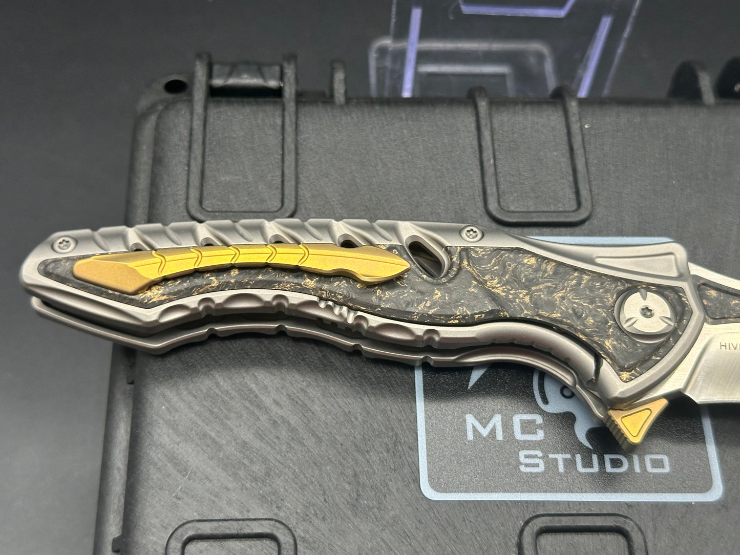 Maxace Knives Hive Frame Lock Knife Gold Marble CF (4.25" Satin w/ CF Inlay)