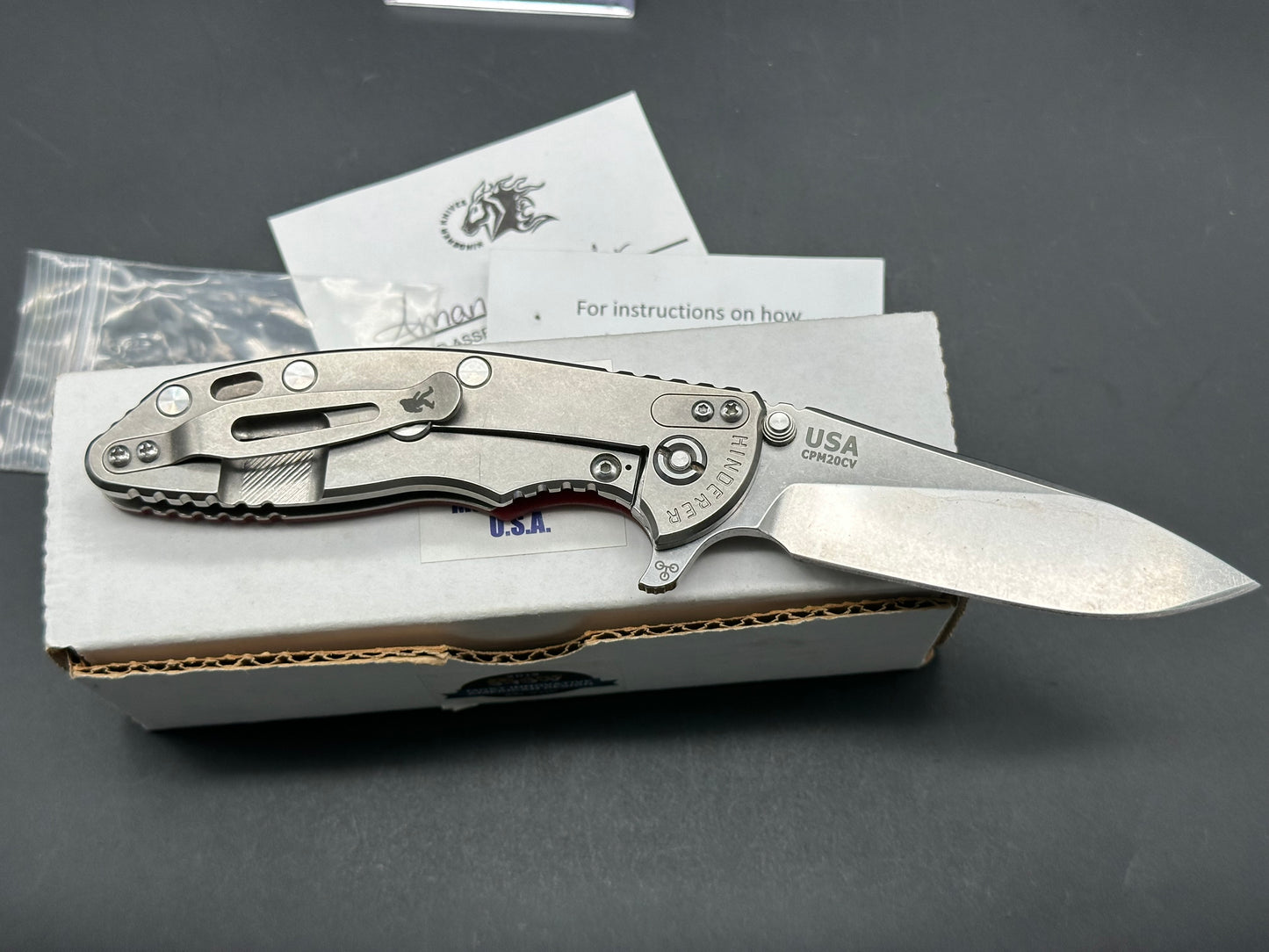 Hinderer XM-18 3.5” Slicer Tri-Way stonewash CPM-20CV, Red G10. includes extra scales