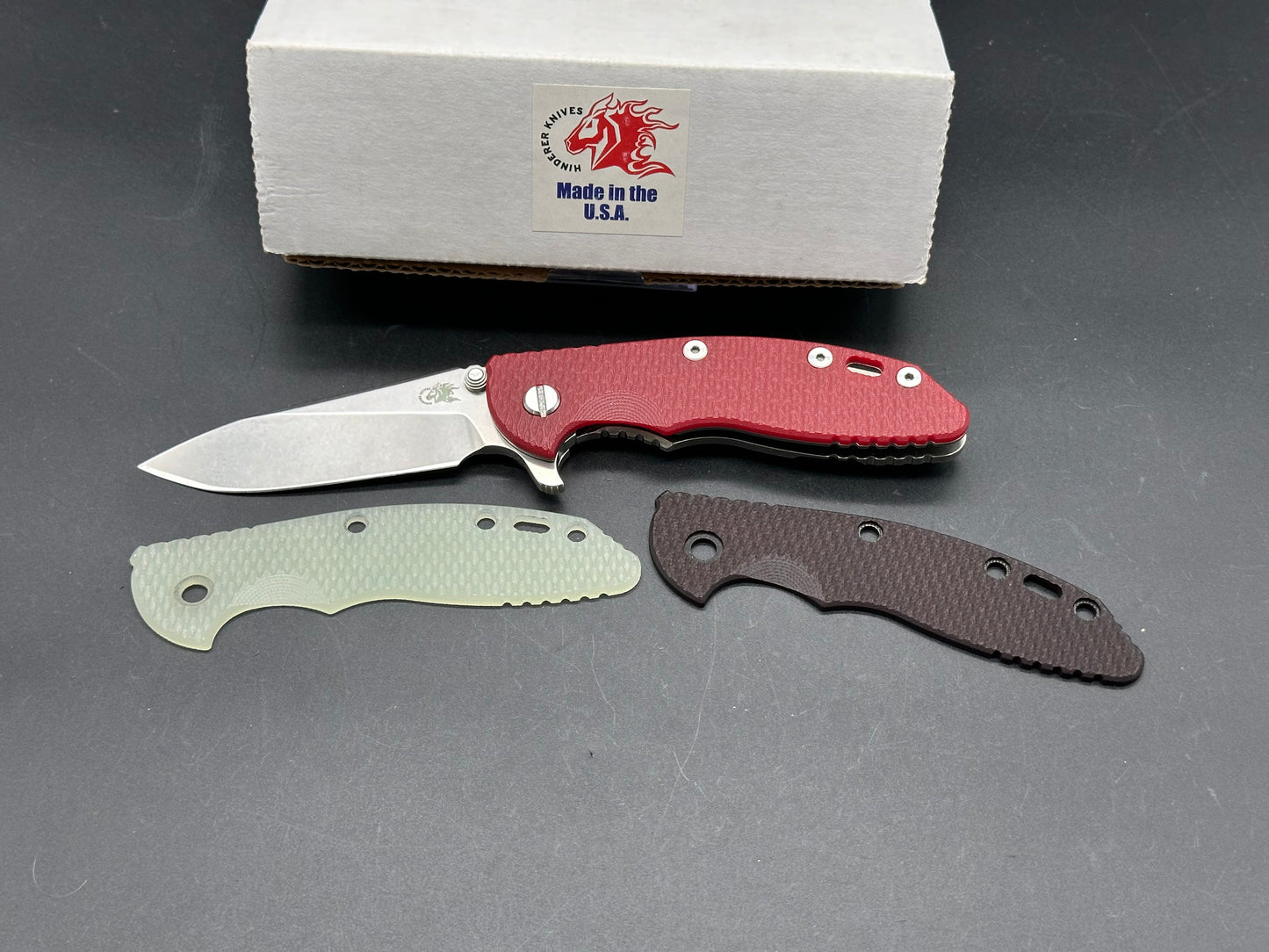 Hinderer XM-18 3.5” Slicer Tri-Way stonewash CPM-20CV, Red G10. includes extra scales