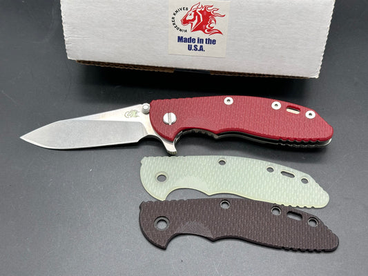 Hinderer XM-18 3.5” Slicer Tri-Way stonewash CPM-20CV, Red G10. includes extra scales