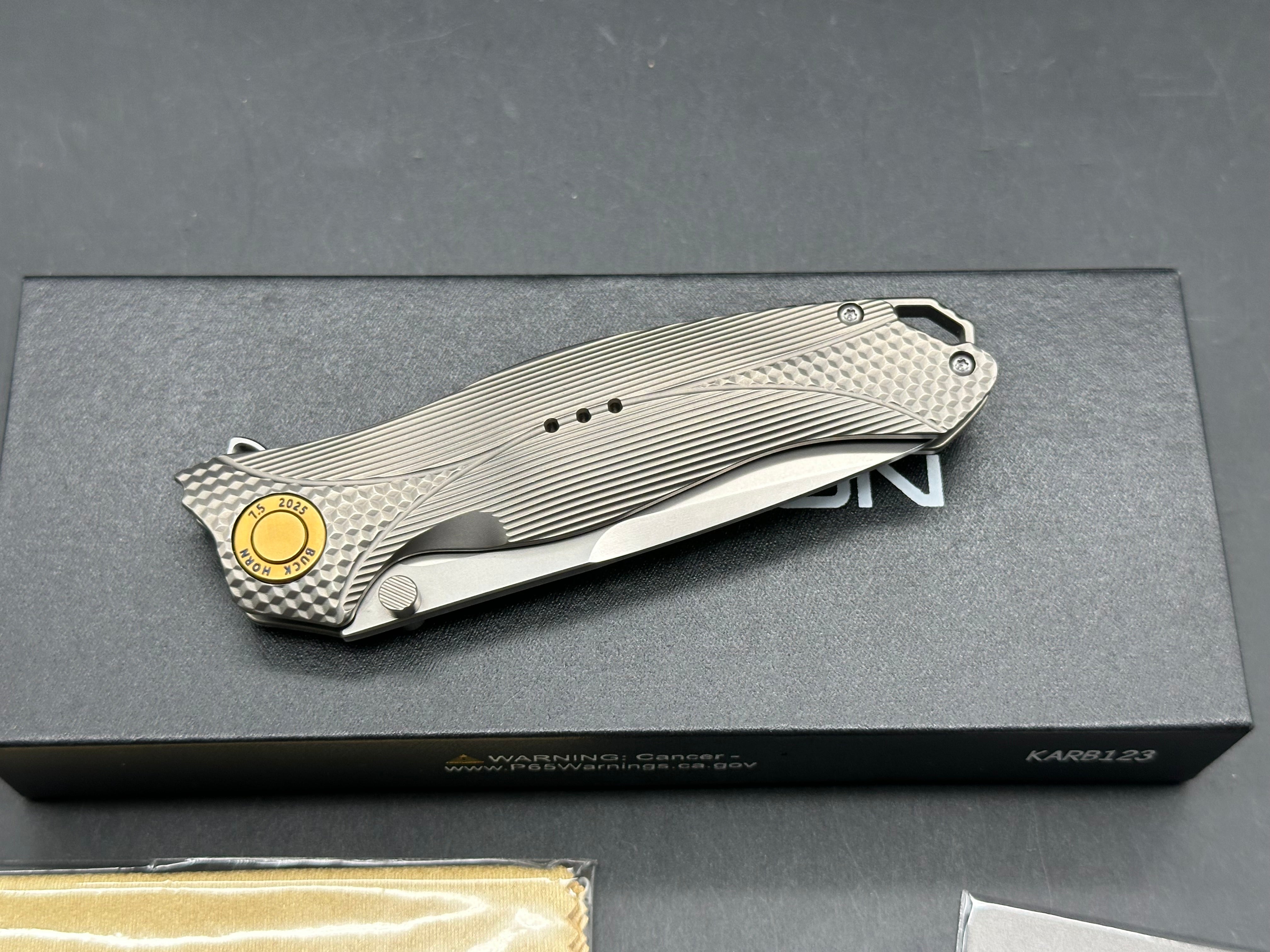 Karbon / Rike Mini Buckhorn m390 blade TI scales