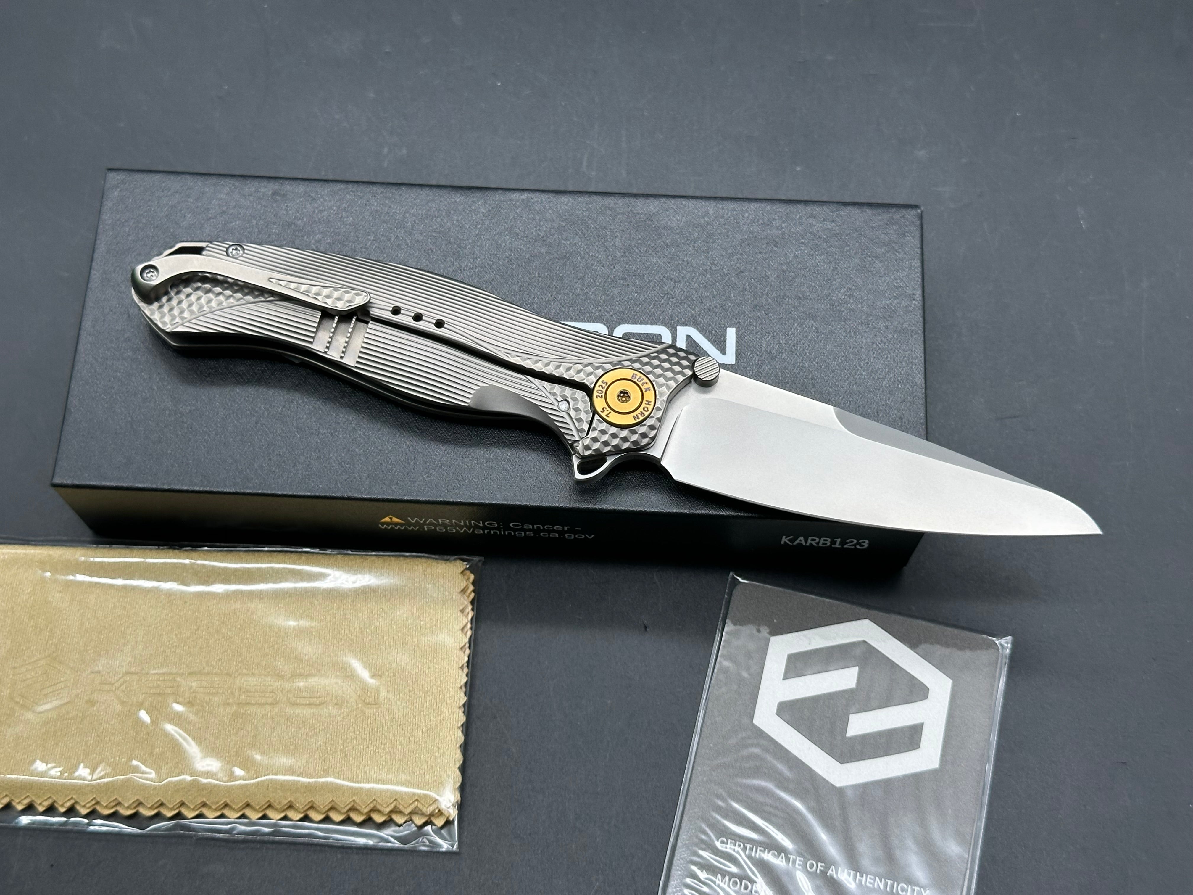 Karbon / Rike Mini Buckhorn m390 blade TI scales