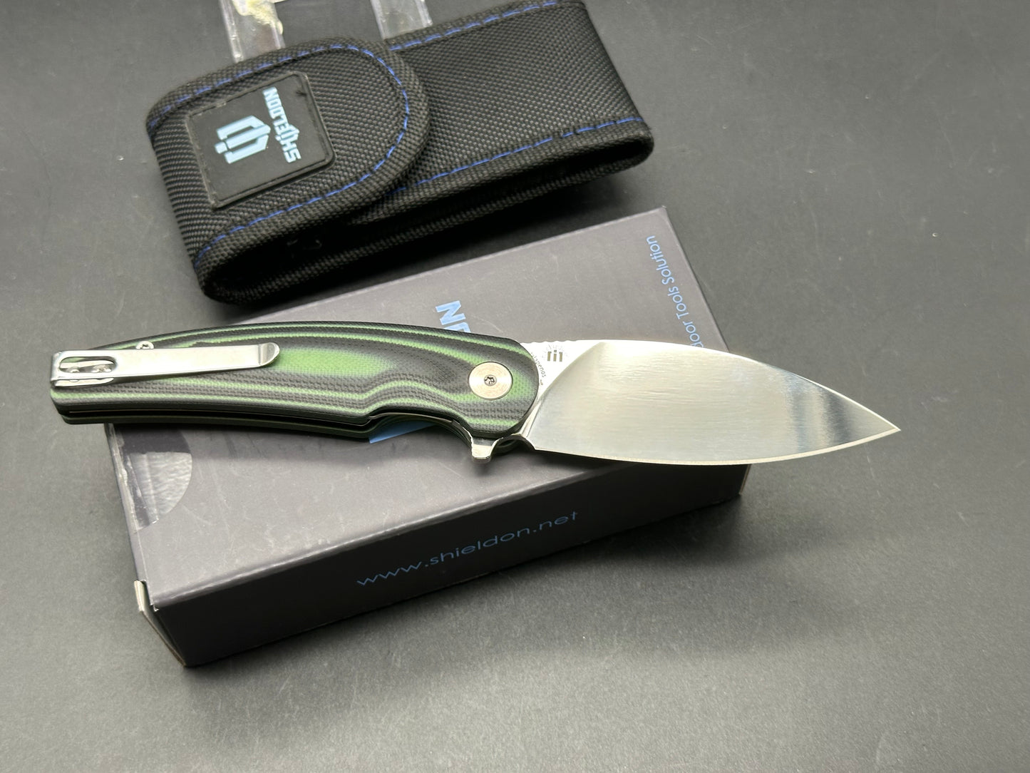 SHIELDON JALAPENOS FOLDING KNIFE GREEN G10 HANDLE 154CM PLAIN EDGE MIRROR POLISH FINISH