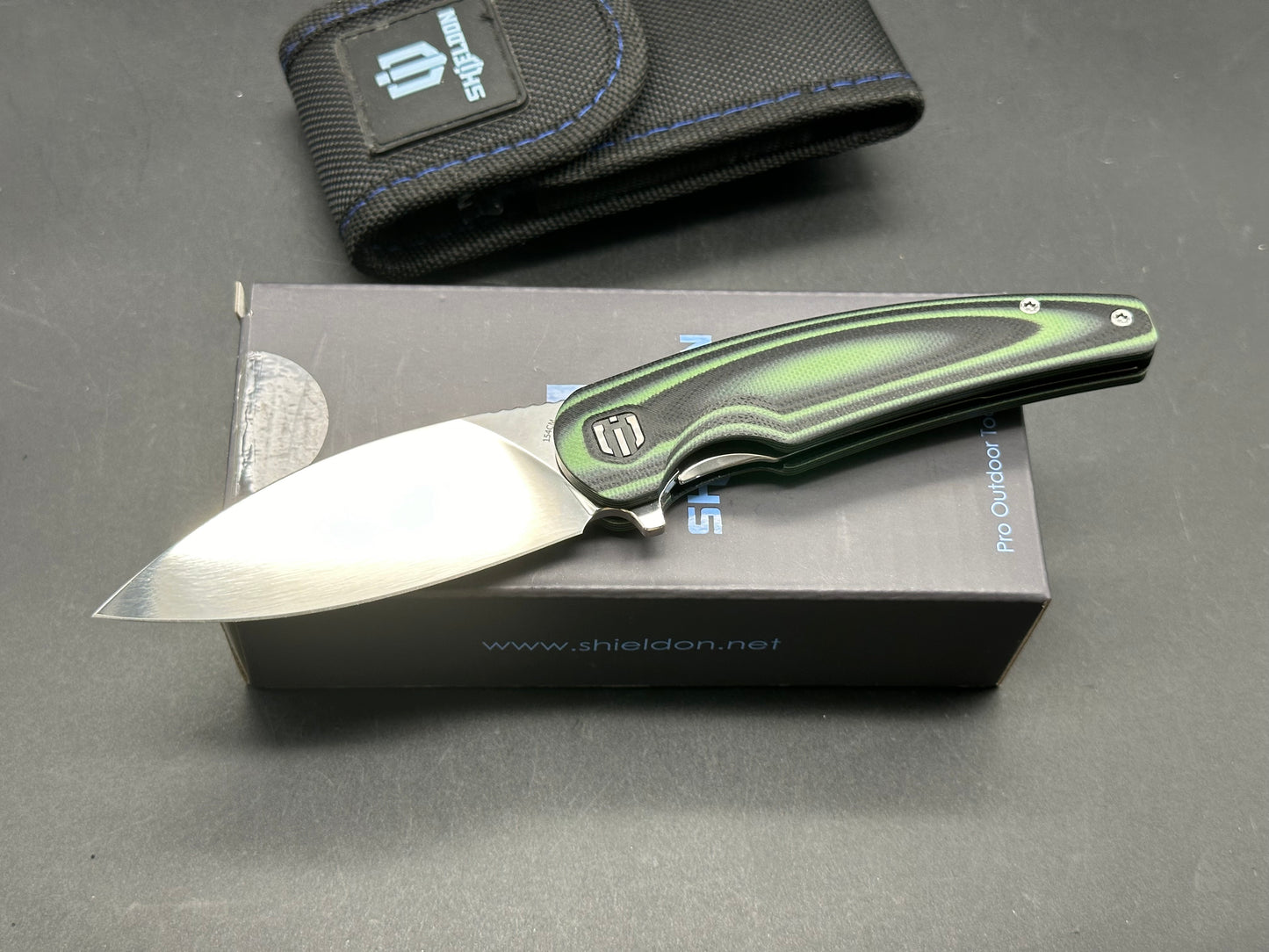 SHIELDON JALAPENOS FOLDING KNIFE GREEN G10 HANDLE 154CM PLAIN EDGE MIRROR POLISH FINISH