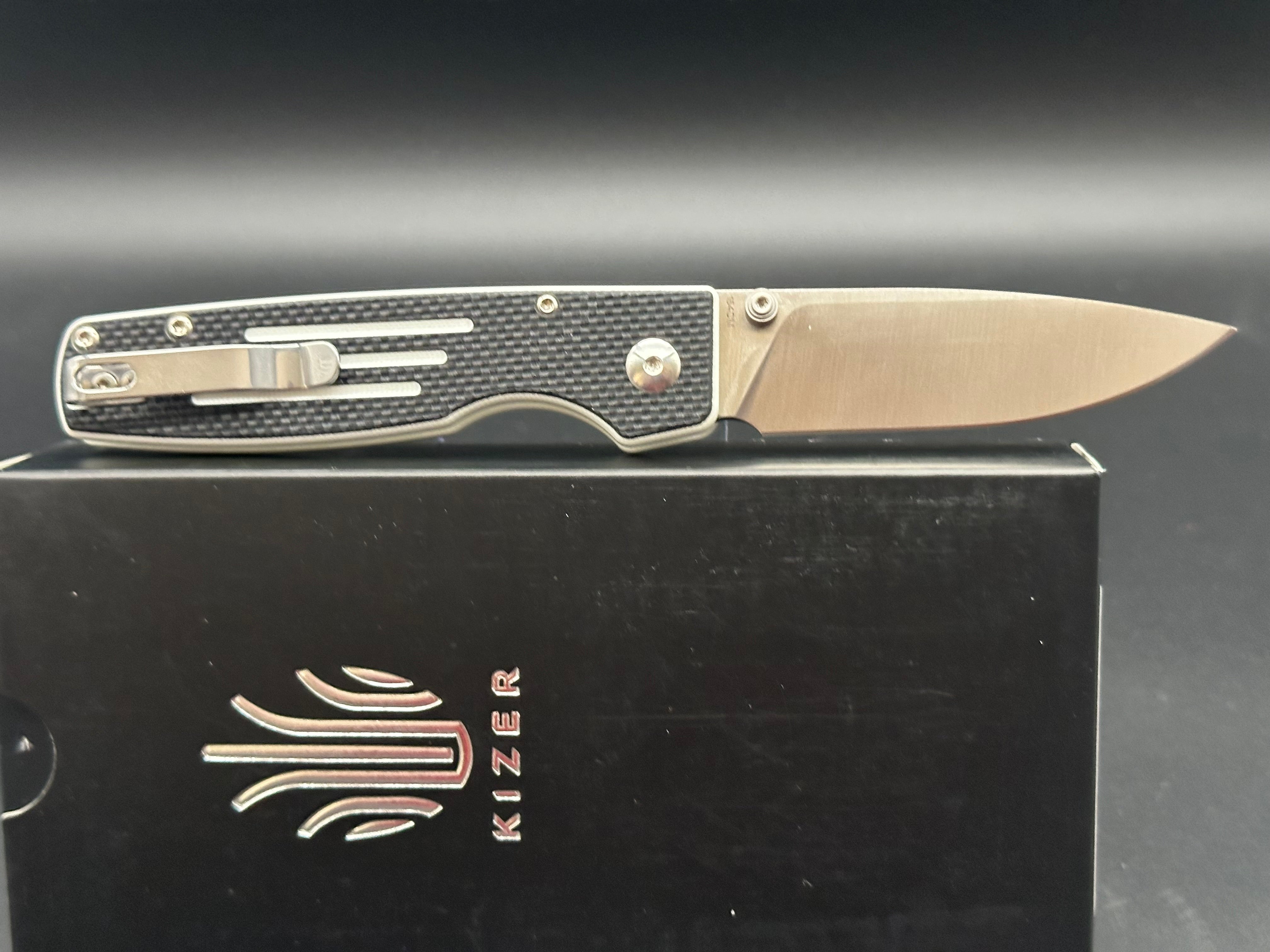 Kizer Vanguard Original Button Lock Knife Black/White G-10 (3" Satin 154CM)