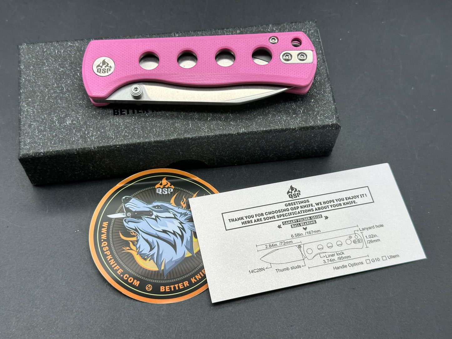 QSP Canary Folder Liner Lock Pocket Knife 14C28N Blade Pink G10 Handle