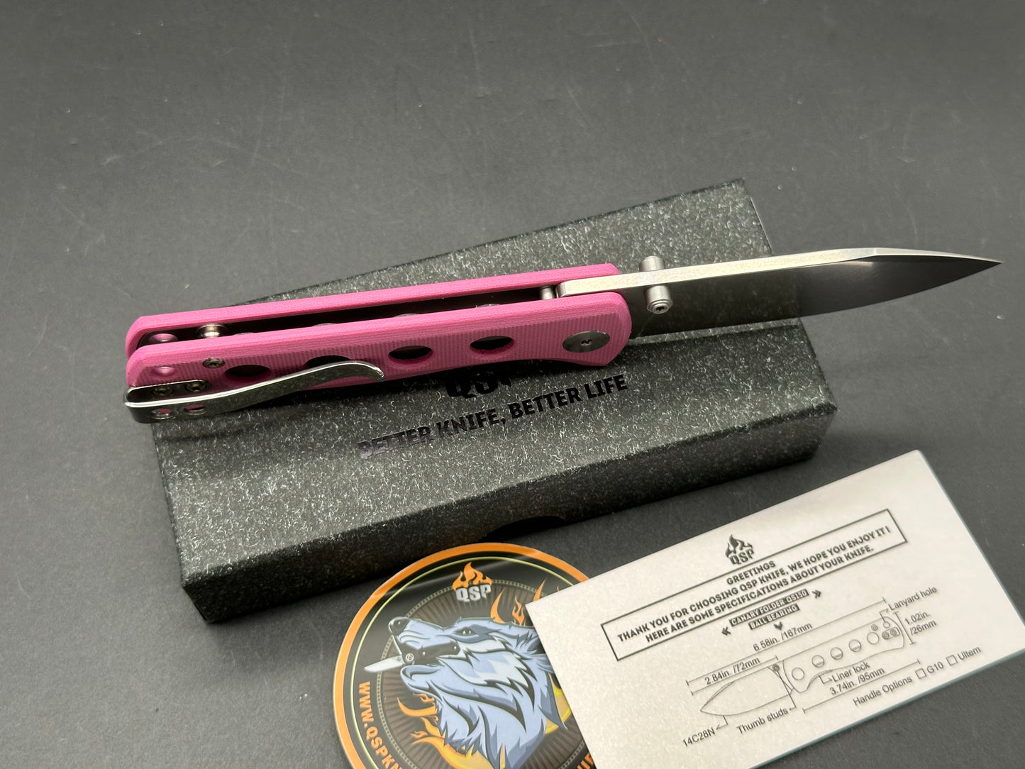 QSP Canary Folder Liner Lock Pocket Knife 14C28N Blade Pink G10 Handle