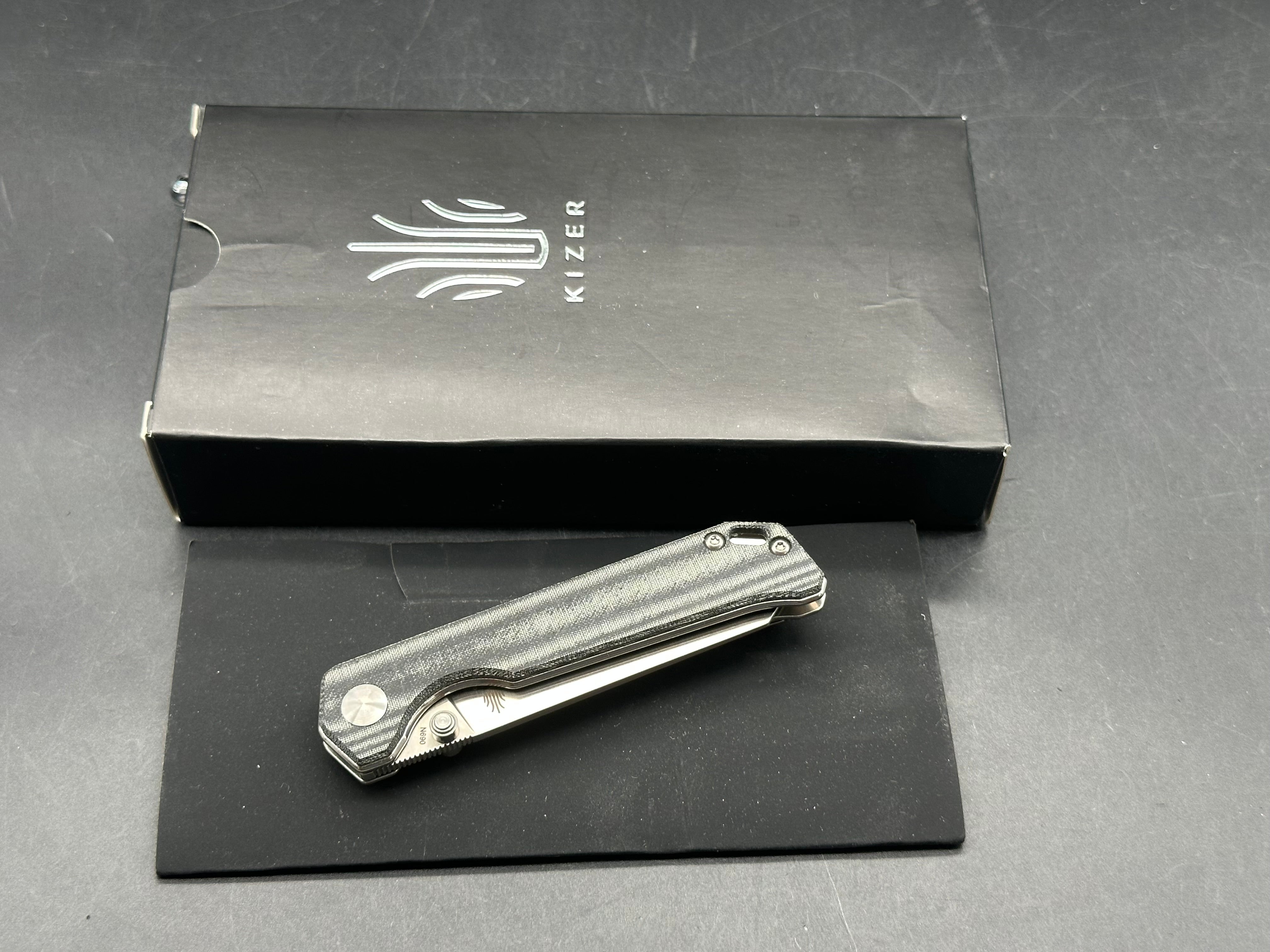 KIZER MINI BEGLEITER FOLDING KNIFE MICARTA HANDLE 2.91" STONEWASHED N690 TANTO BLADE
