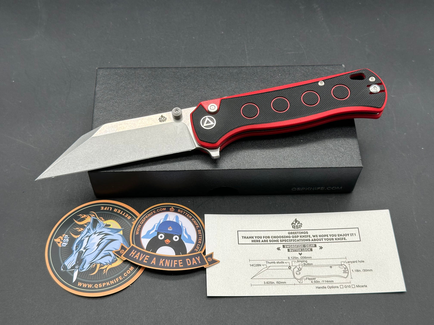 QSP Swordfish Button Lock Knife Black/Red G-10 (3.625" SW)