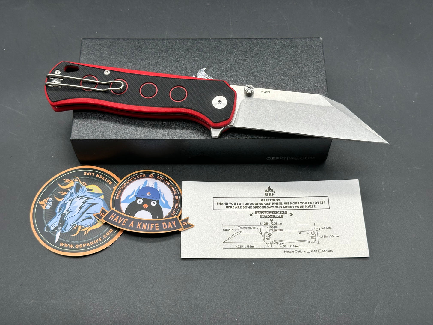 QSP Swordfish Button Lock Knife Black/Red G-10 (3.625" SW)