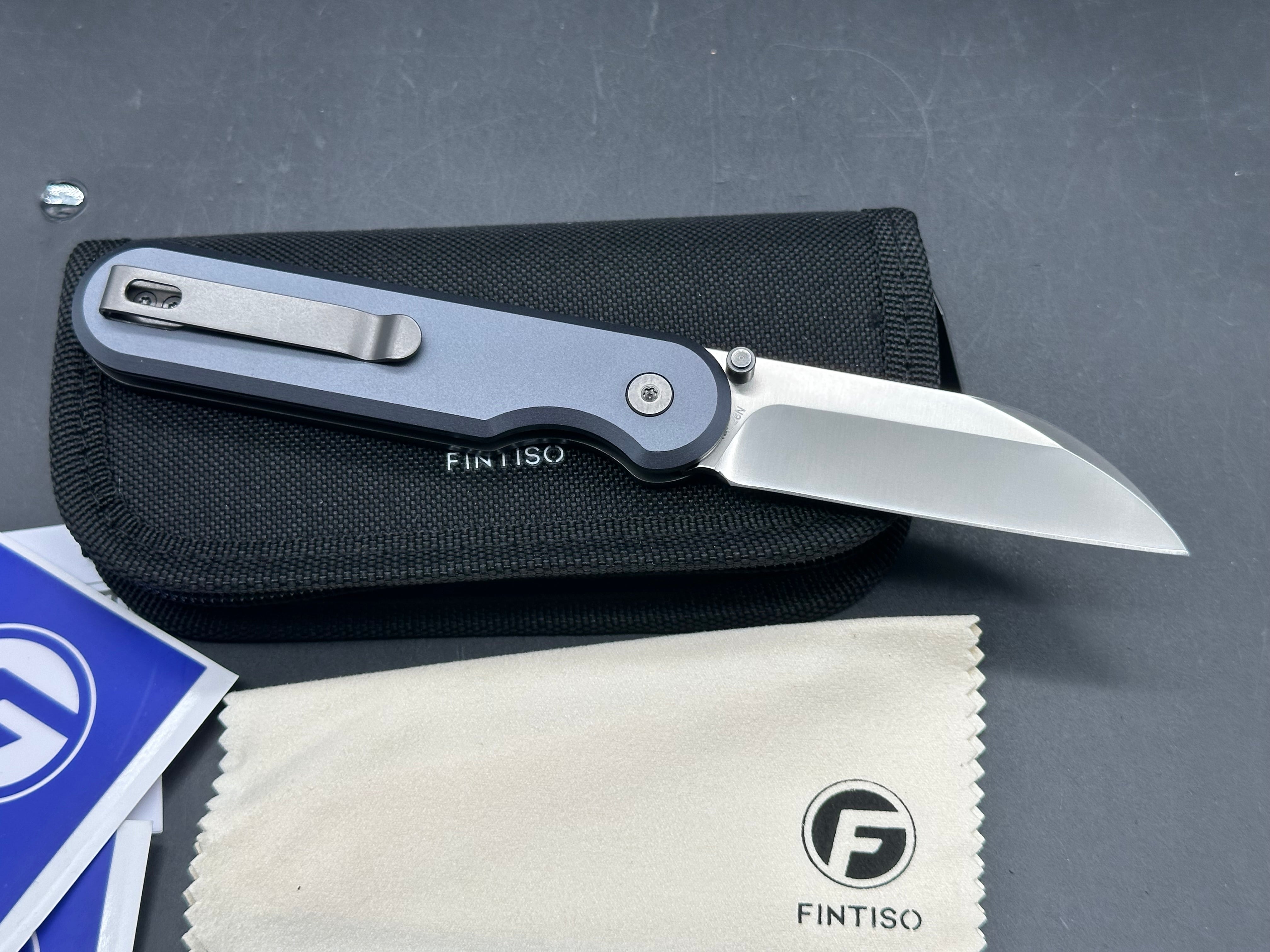 Fintiso Parrot, 3" 14C28N Satin Sheepsfoot Blade with Blue-Gray Anodized Aluminum Scales