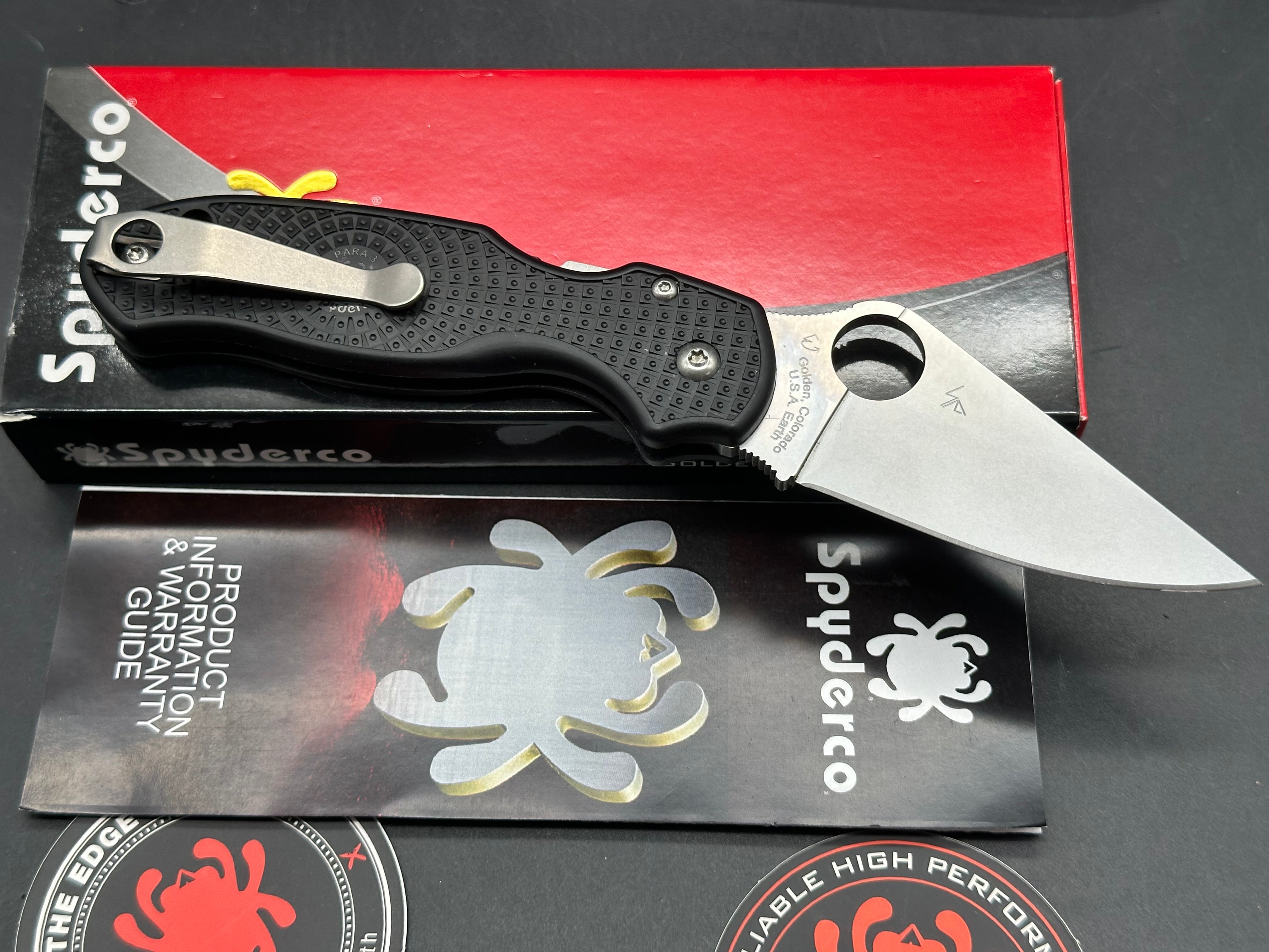 Spyderco Para 3 Lightweight, 2.93" CTS BD1N Black FRN Scales plus Lynch NW Titanium Pocket Clip Installed