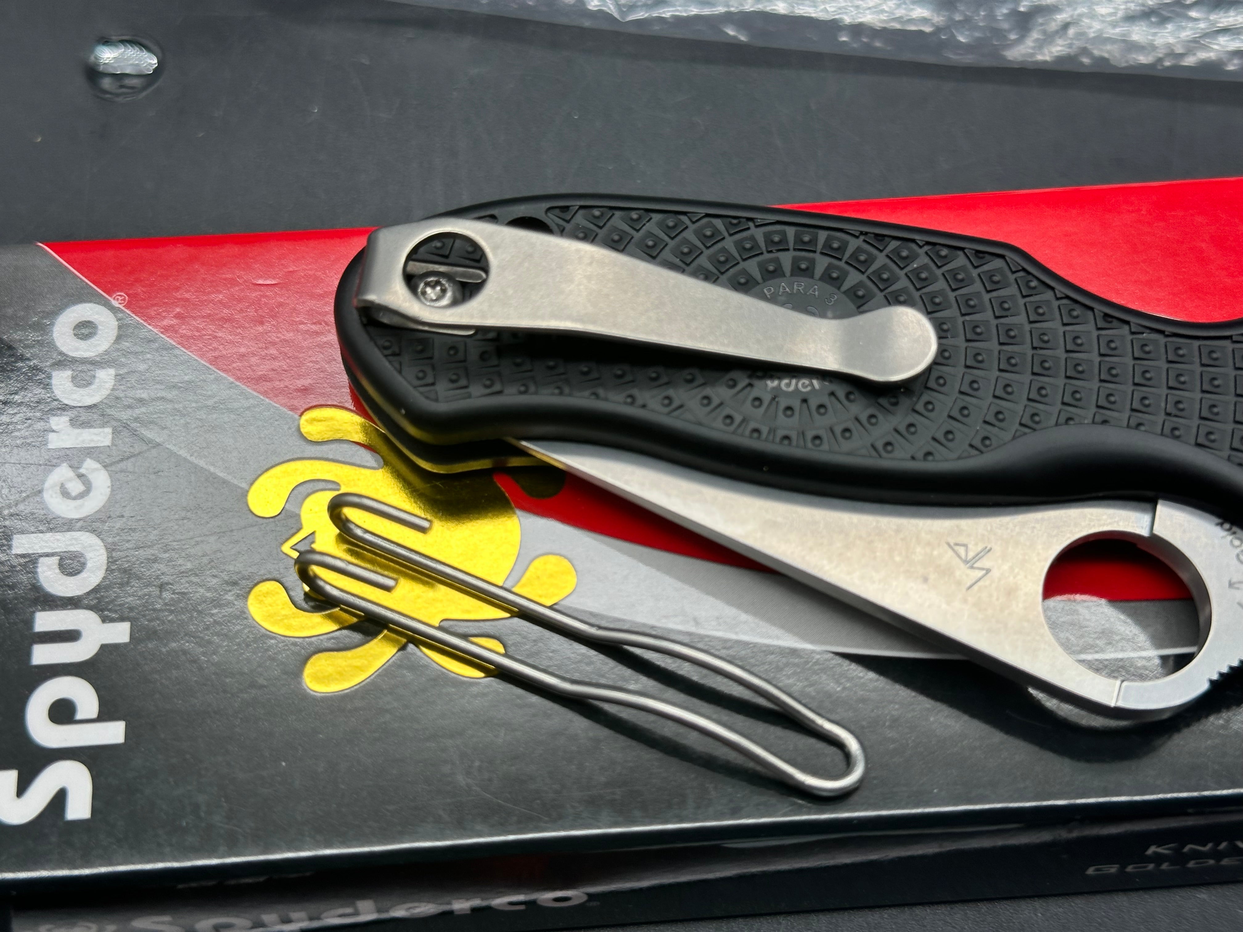 Spyderco Para 3 Lightweight, 2.93" CTS BD1N Black FRN Scales plus Lynch NW Titanium Pocket Clip Installed