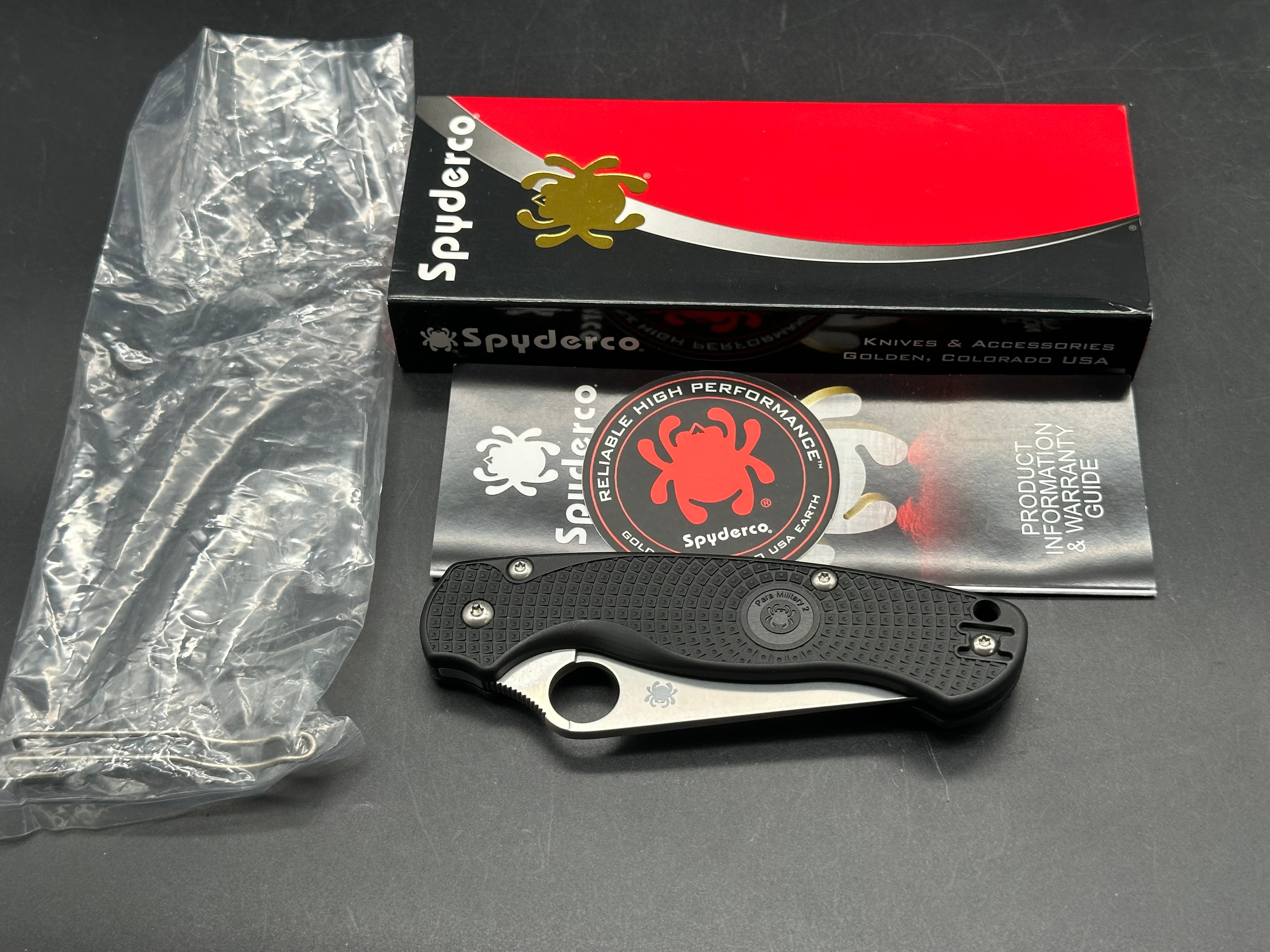 Spyderco Para Military 2 Lightweight, 3.47" CTS BD1N Stonewash Blade with Black FRN Scales plus Lynch Titanium Clip