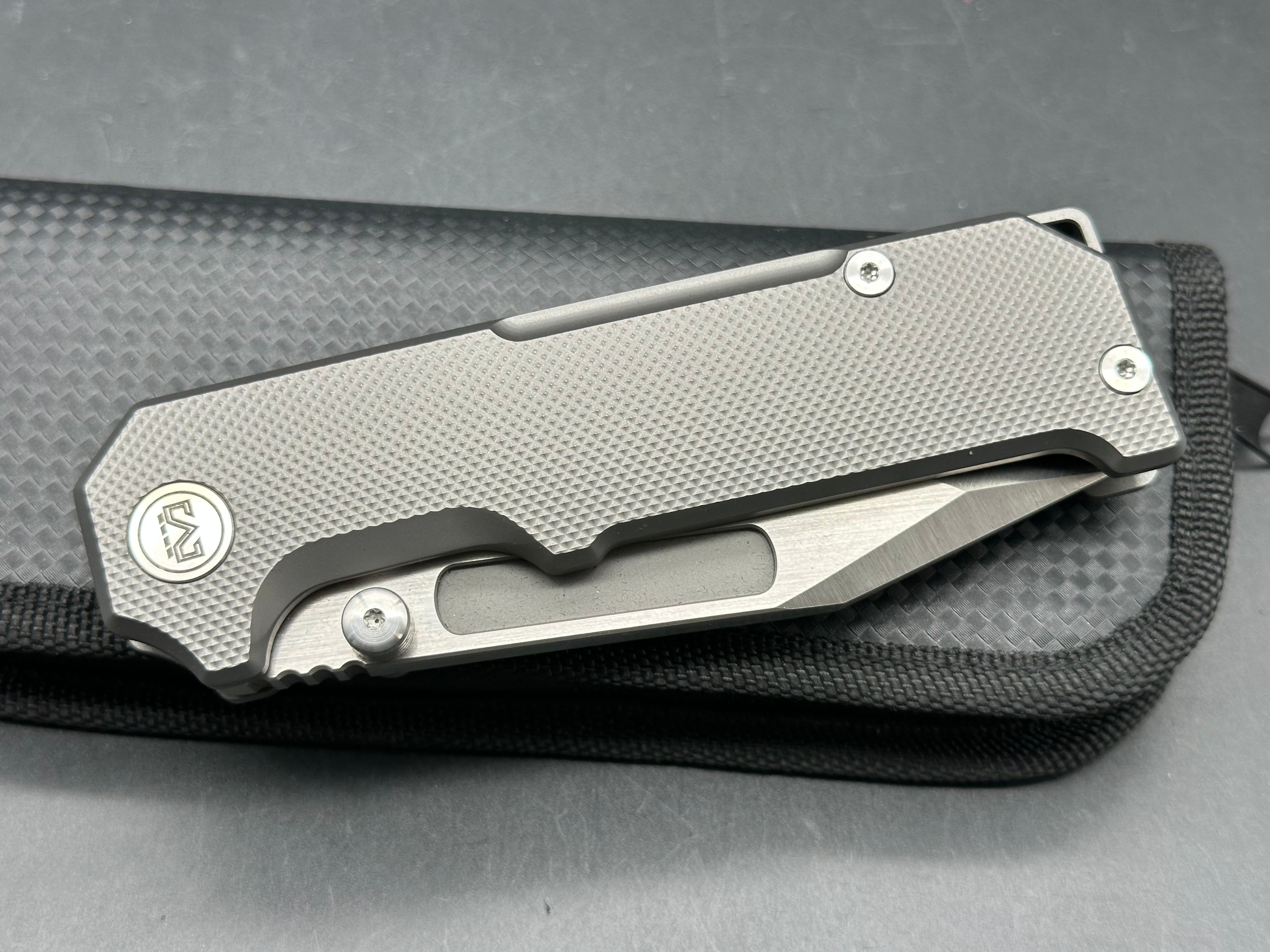 Miguron Knives - Geddon/Dark Grey PVD Milled Ti Frame & Satin Hardware + Custom Ano Pocket Clip M390