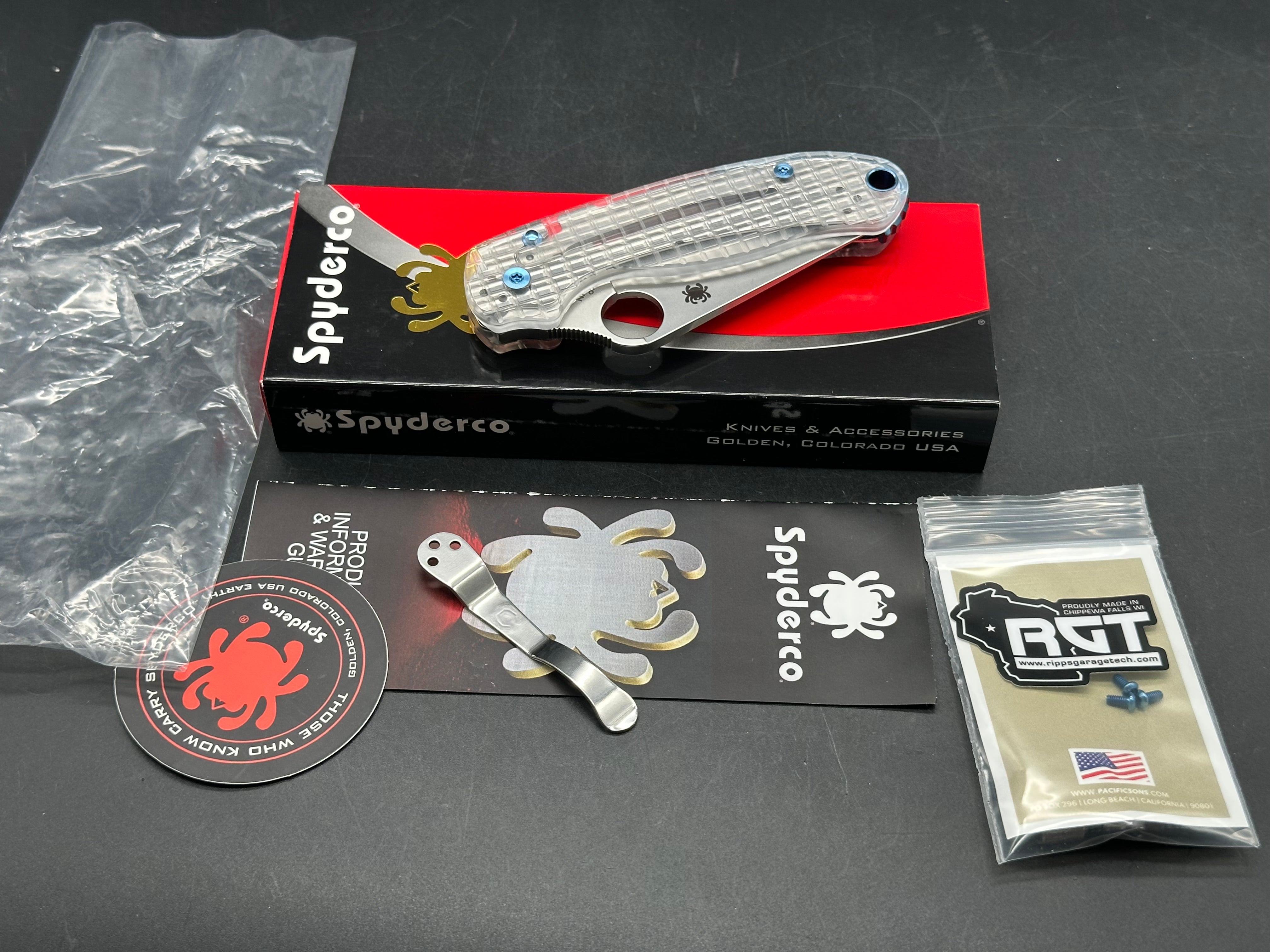 Spyderco Para 3, 2.93" CPM S45VN Stonewash Pacific Sons Acrylic Clear Scales and Blue Anodized Hardware and Ripp's Garage Tech (RGT) Titanium Blue Pocket Clip