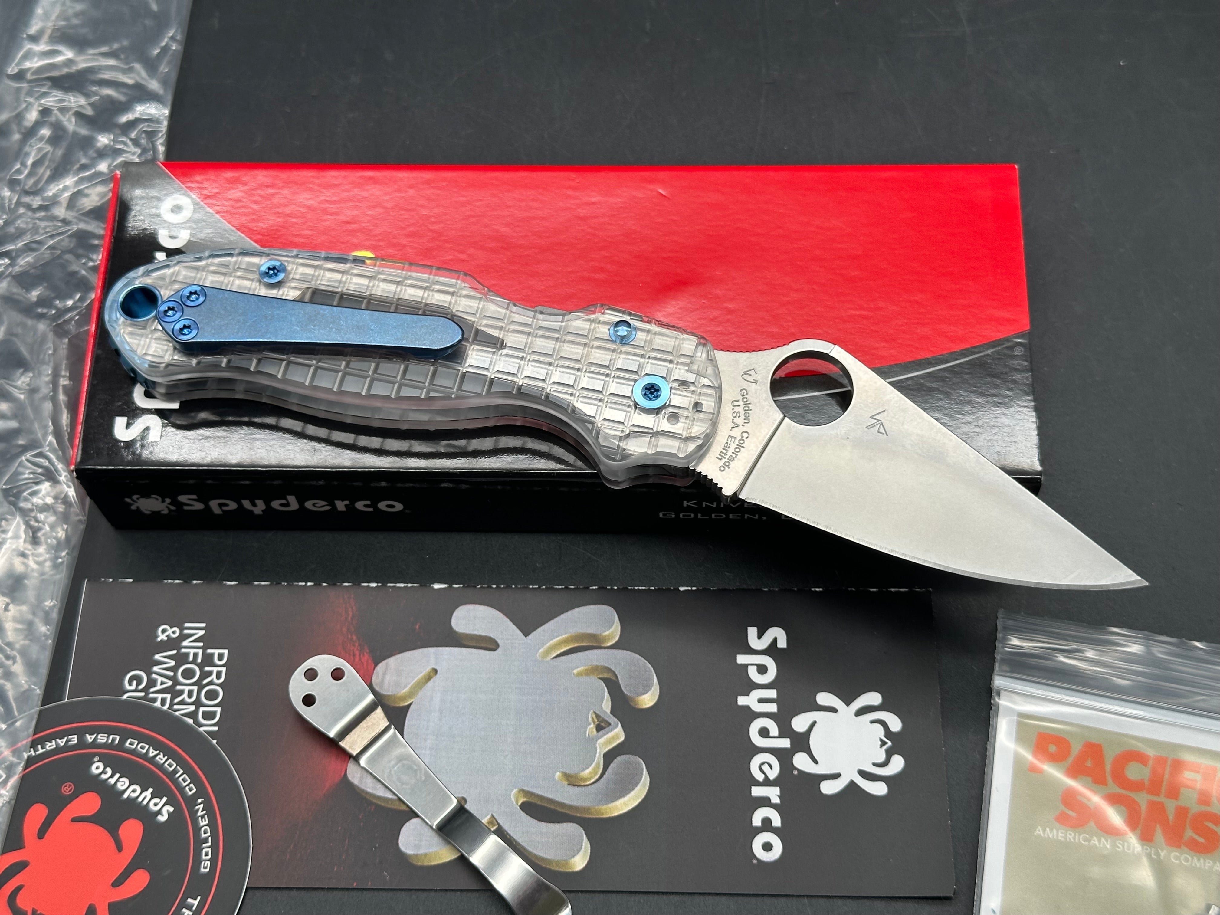 Spyderco Para 3, 2.93" CPM S45VN Stonewash Pacific Sons Acrylic Clear Scales and Blue Anodized Hardware and Ripp's Garage Tech (RGT) Titanium Blue Pocket Clip
